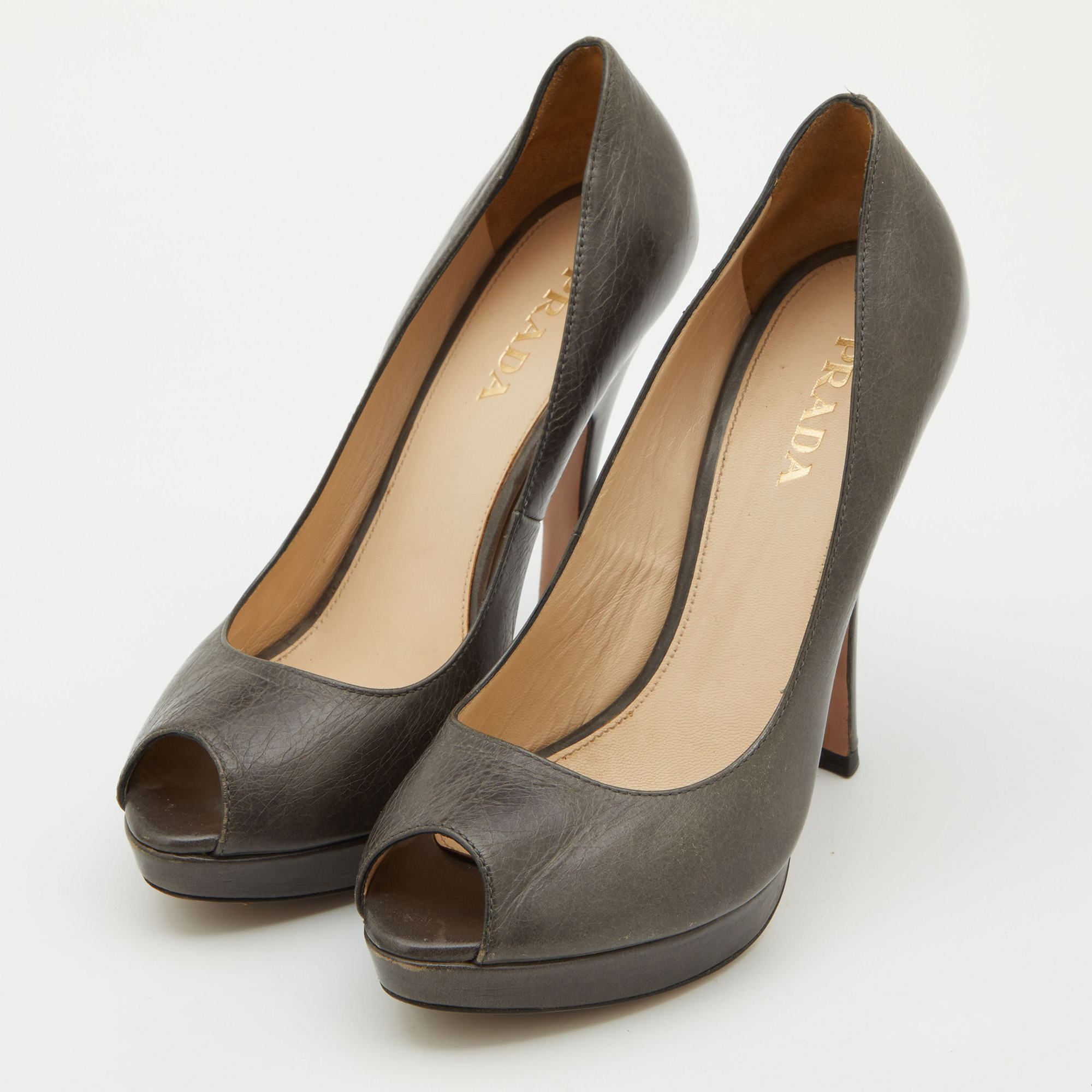 

Prada Grey Leather Peep Toe Platform Pumps Size