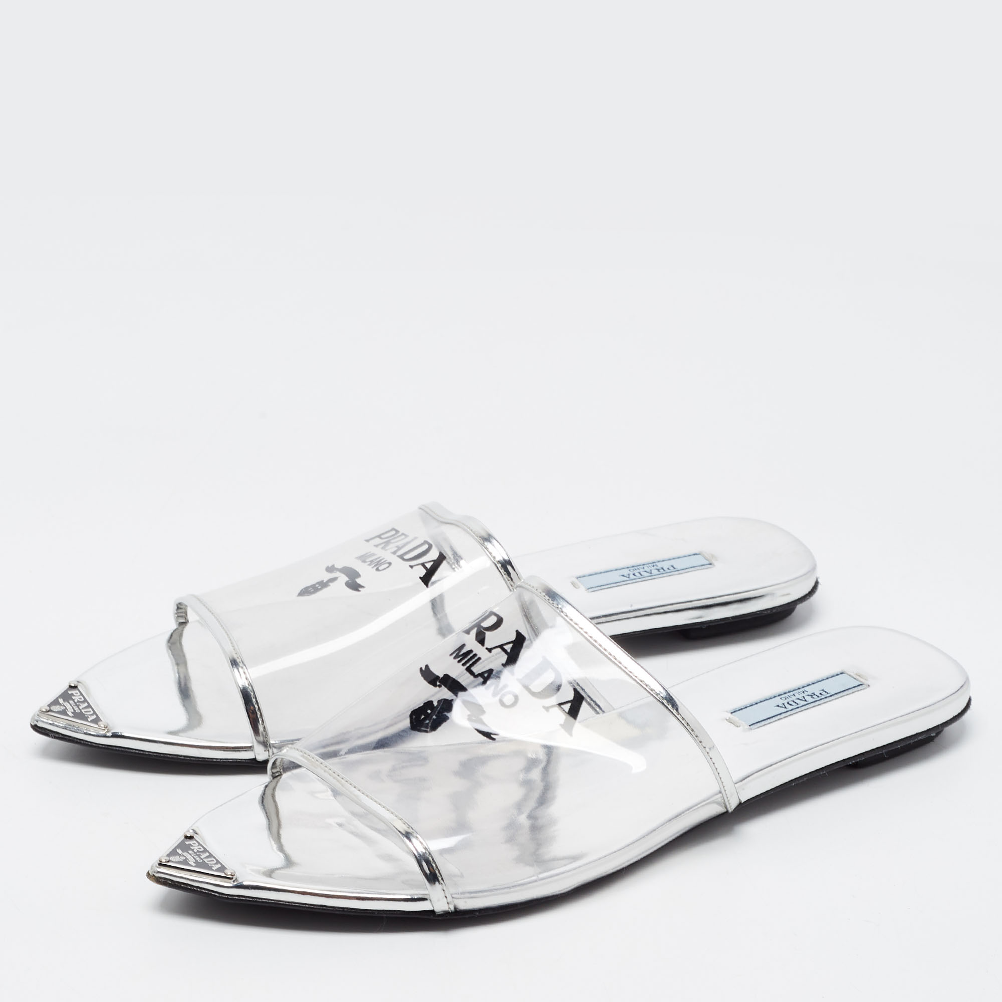 

Prada Silver Foil Leather and PVC Flat Slides Size