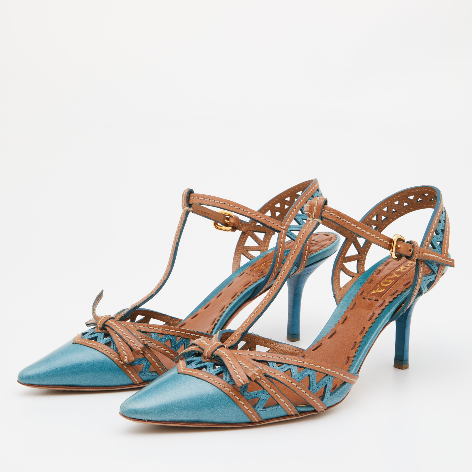 

Prada Blue/Brown Laser Cut Leather Bow T-Strap Pumps Size