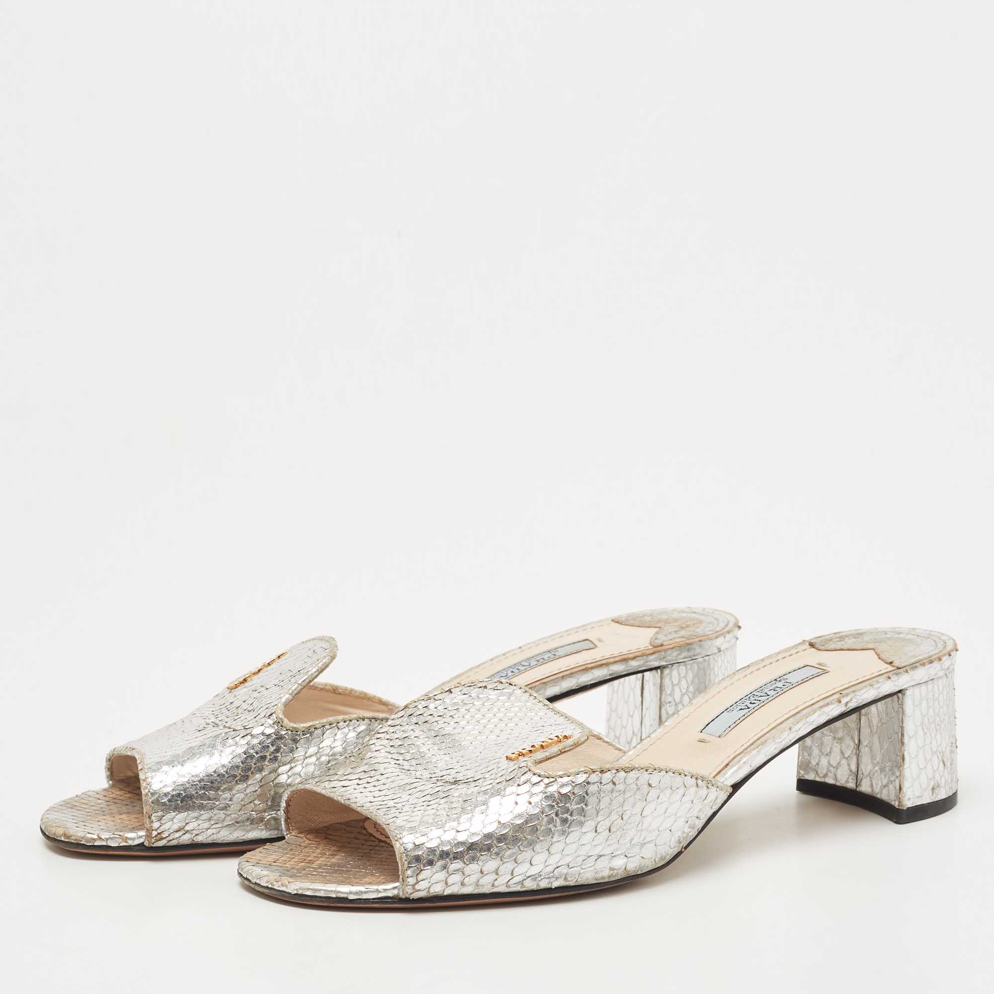 

Prada Metallic Silver Python Embossed Leather Slide Sandals Size