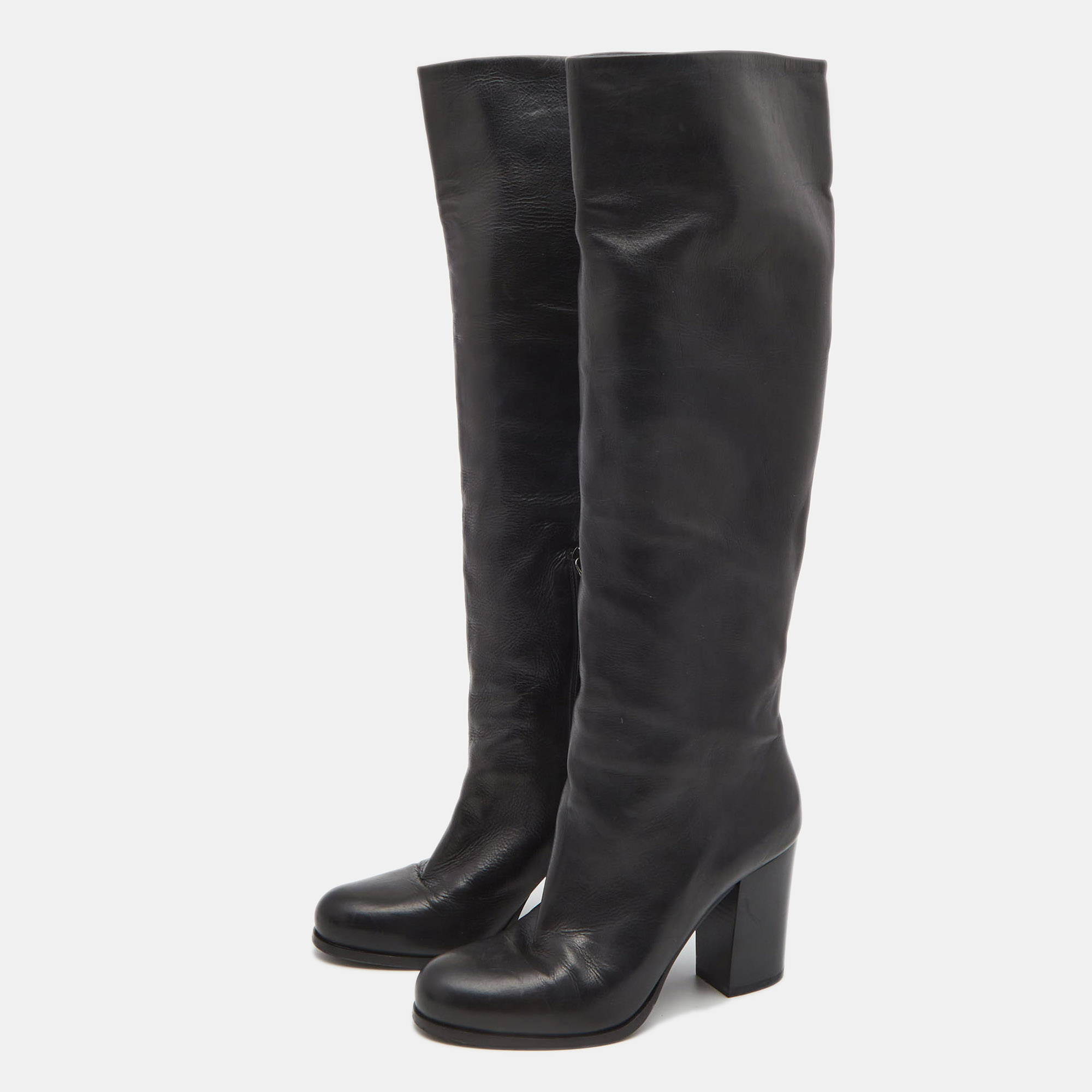 

Prada Black Leather Knee Length Block Heel Boots Size