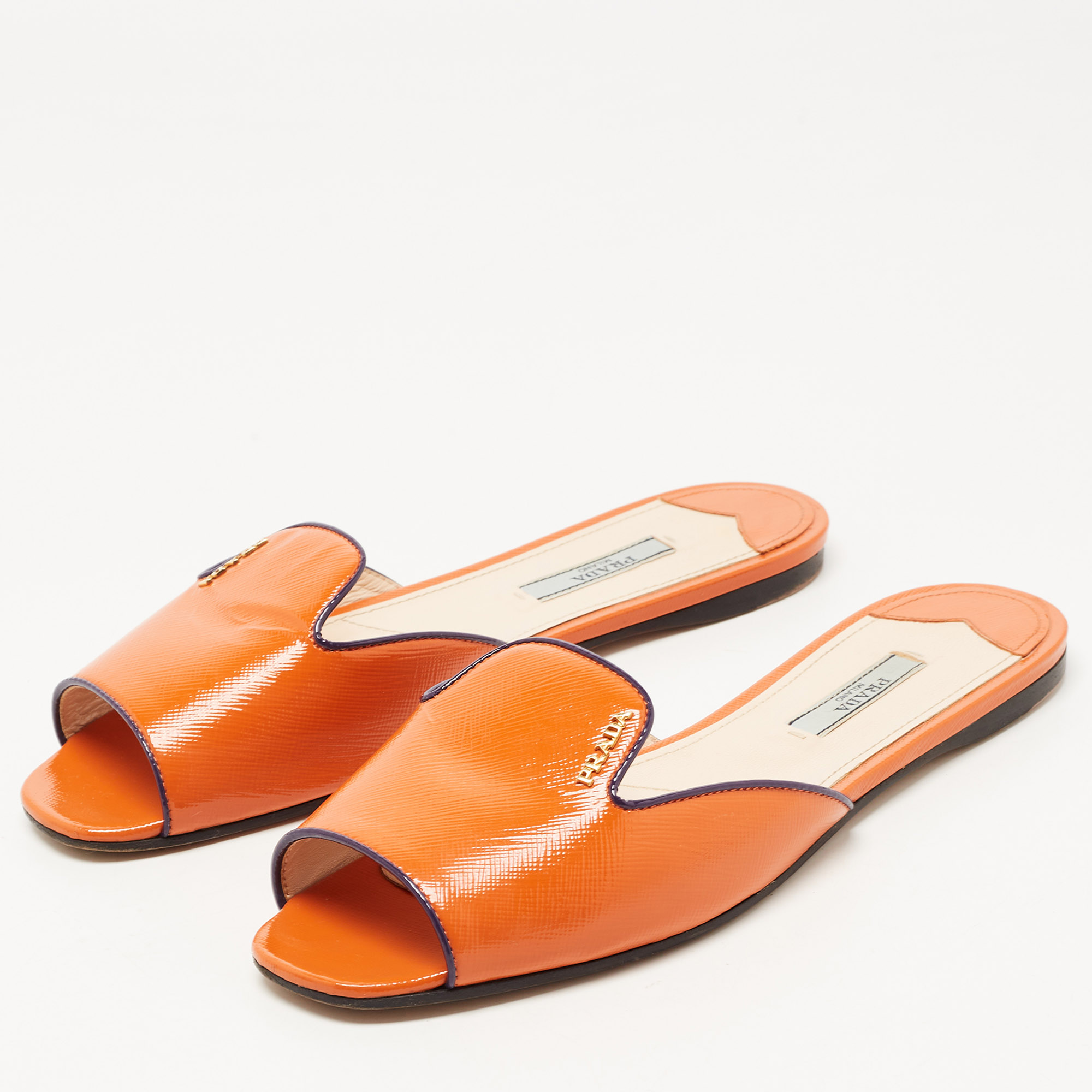 

Prada Orange Patent Leather Flat Slides Size