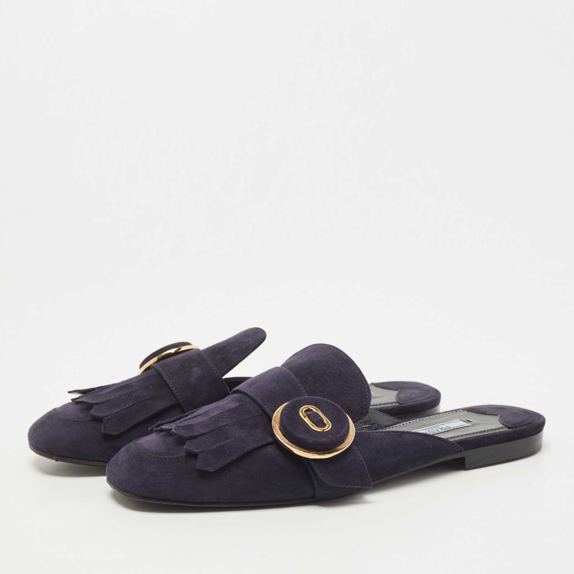 

Prada Navy Blue Suede Fringe Details Flat Mules Size