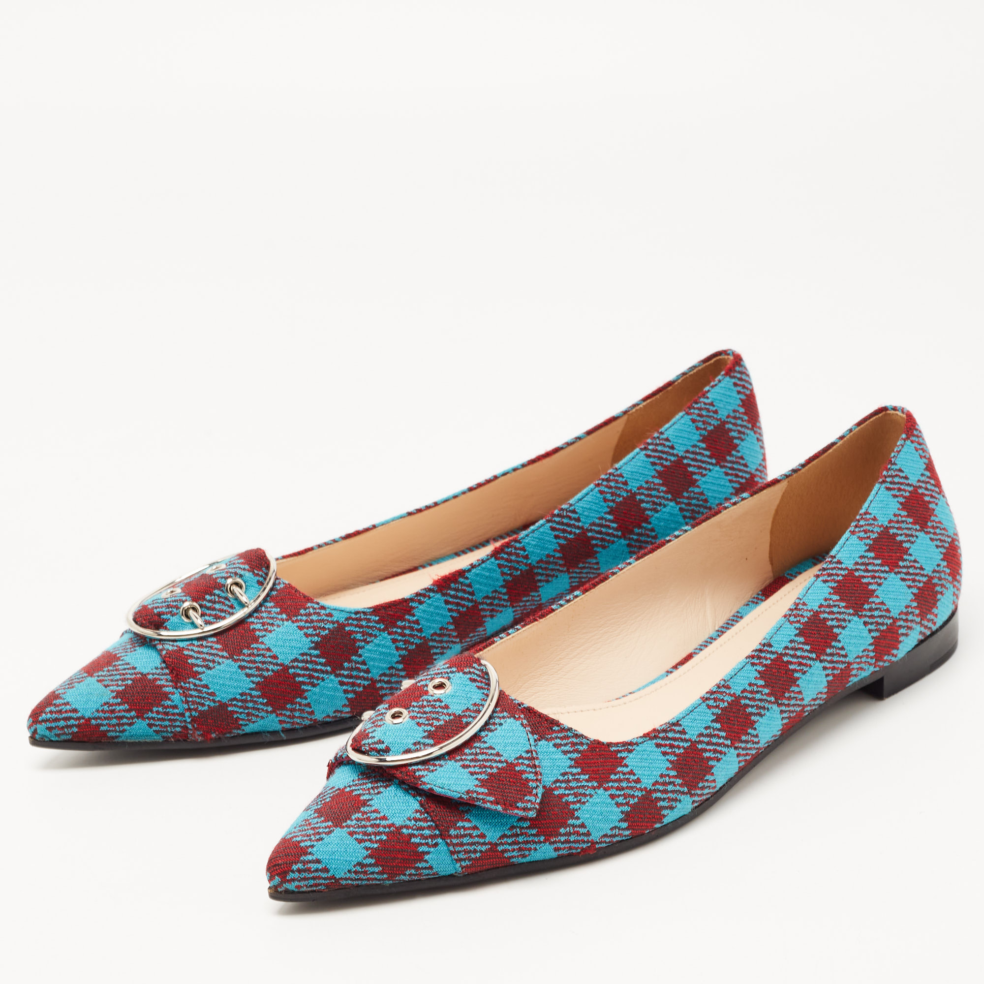 

Prada Brown/Blue Fabric Check Buckle Detail Ballet Flats Size