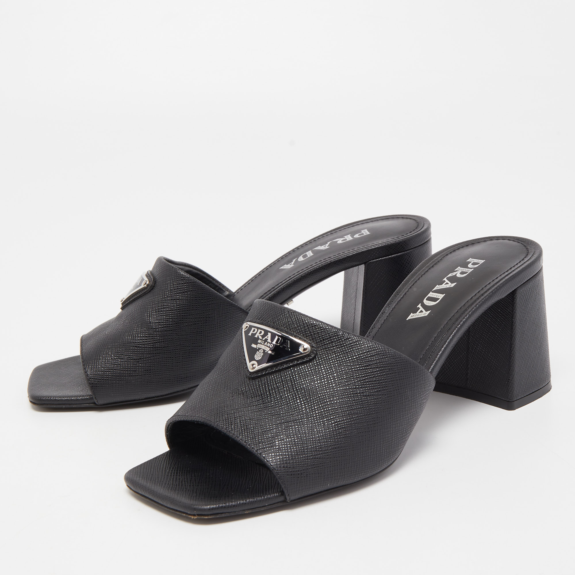 

Prada Black Saffiano Leather Logo Plaque Slide Sandals Size