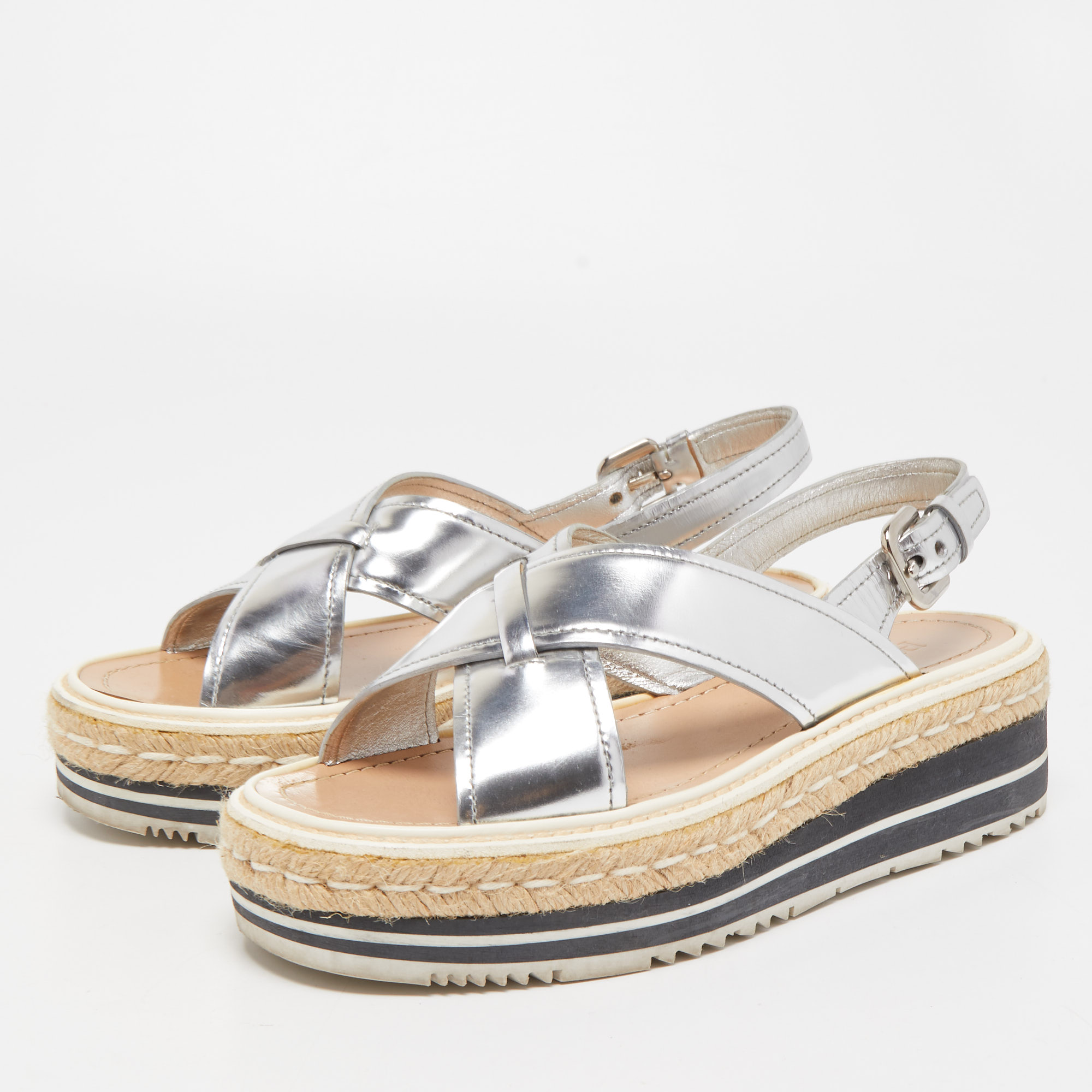 

Prada Silver Leather Platform Slingback Sandals Size