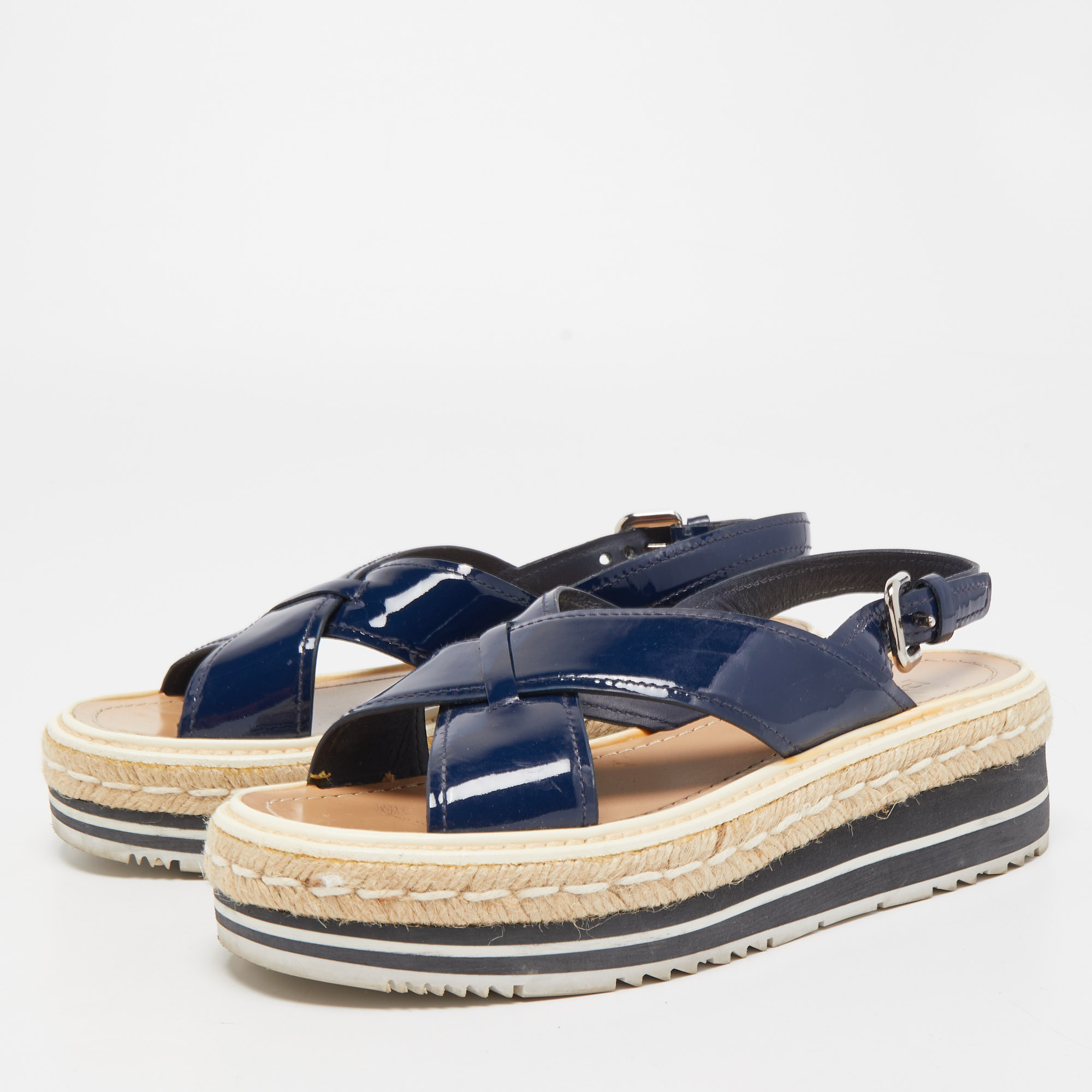 

Prada Navy Blue Patent Leather Platform Slingback Sandals Size