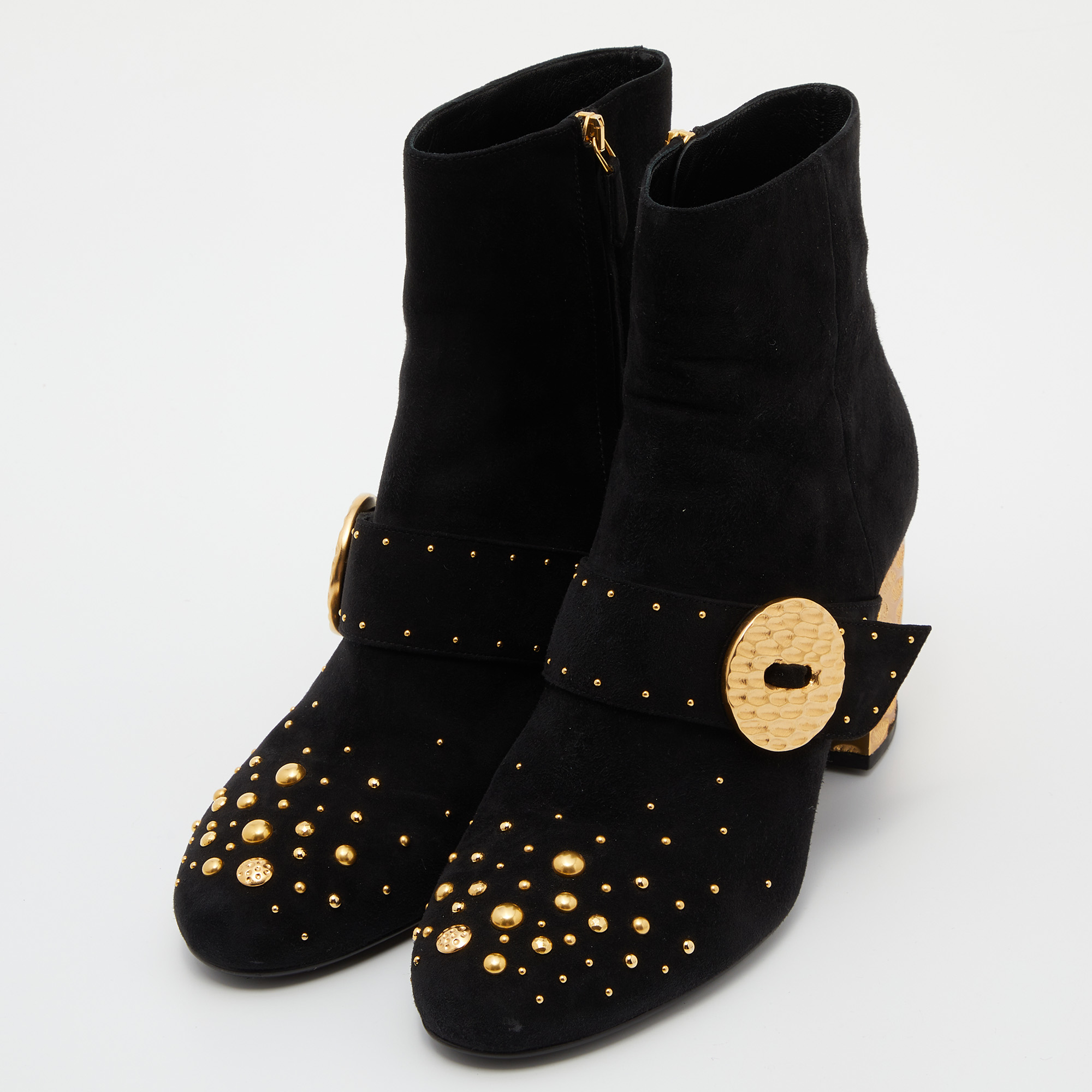 

Prada Black Suede Studded Metallic Block Heel Ankle Boots Size