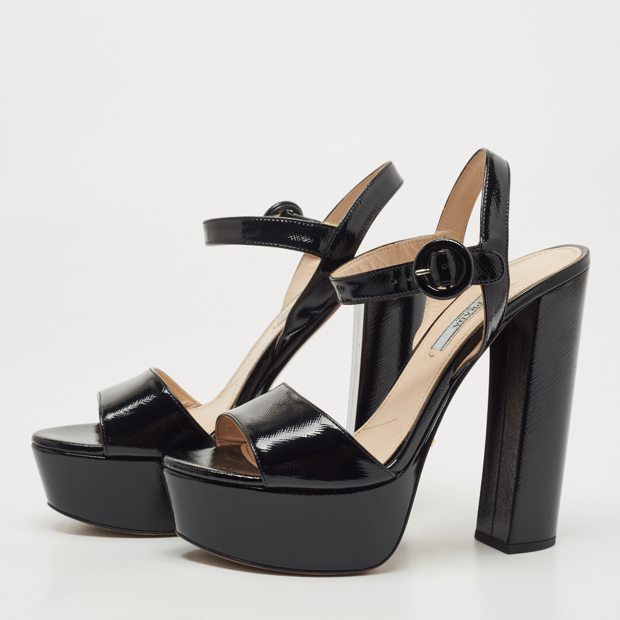 

Prada Black Patent Leather Platform Ankle Strap Block Heel Sandals Size