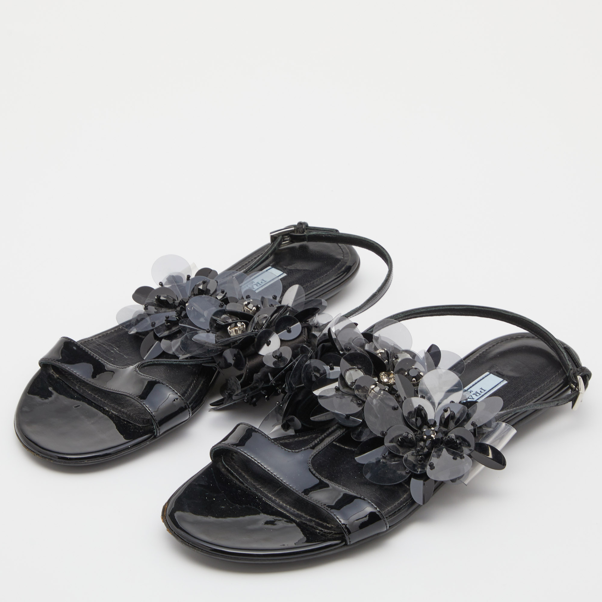 

Prada Black Patent Leather and PVC Crystal/Beads Embellished Flat Sandals Size