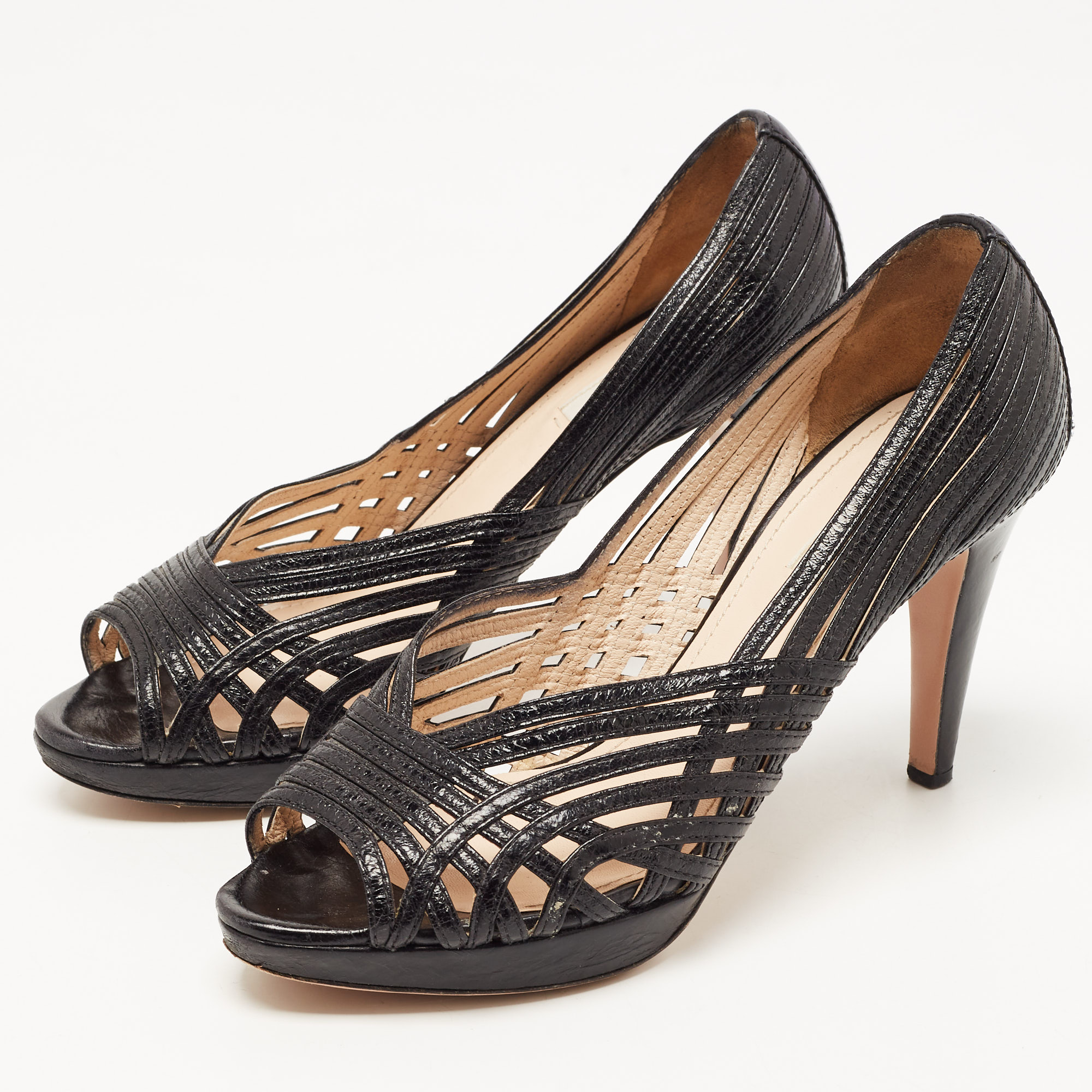 

Prada Black Leather Cut Out Peep Toe Pumps Size