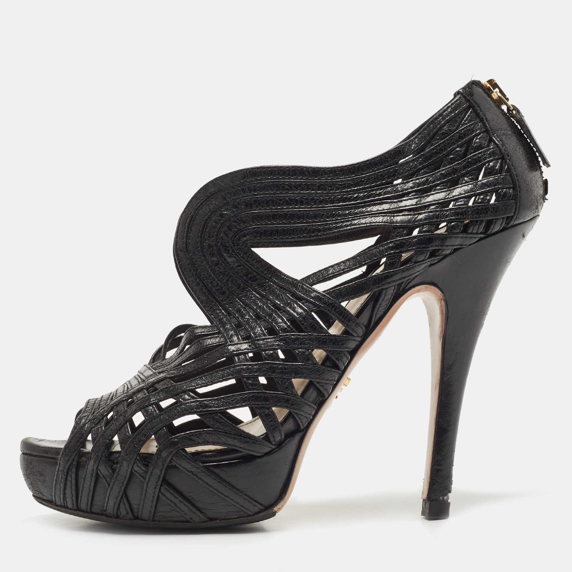

Prada Black Leather Cut Out Platform Open Toe Pumps Size