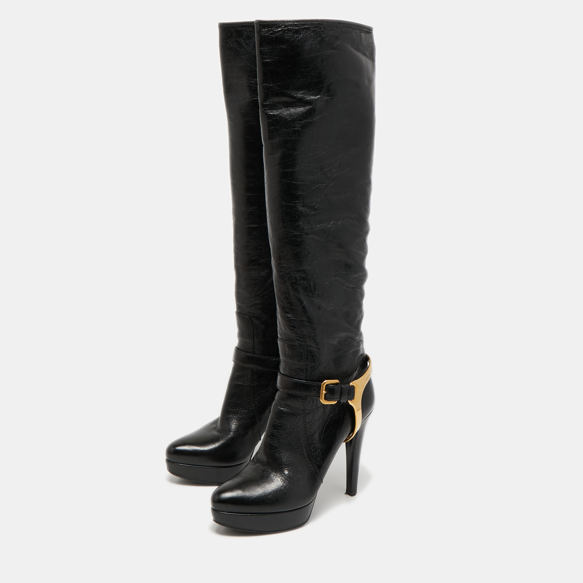 

Prada Black Leather Platform Knee Length Boots Size