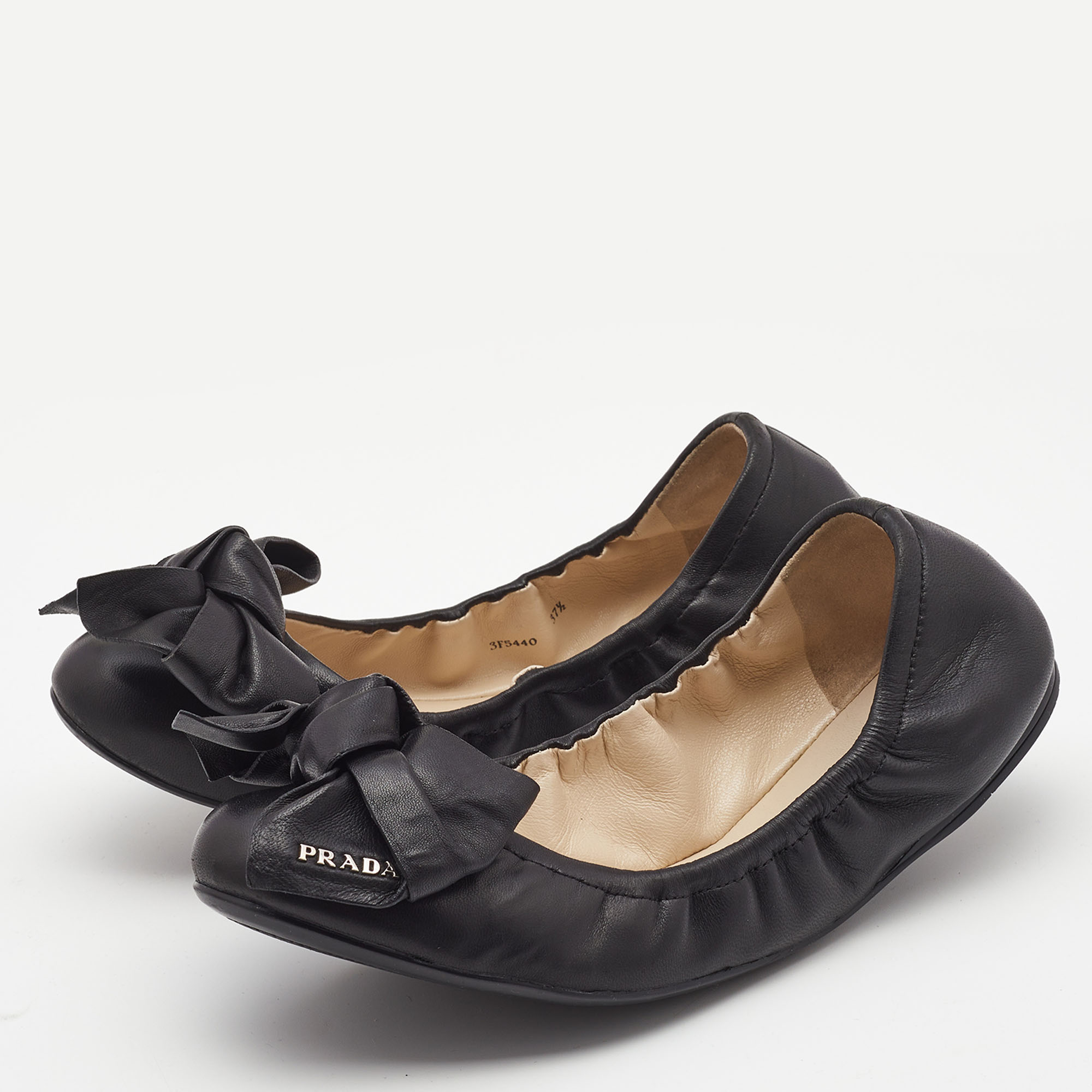 

Prada Black Leather Bow Scrunch Ballet Flats Size