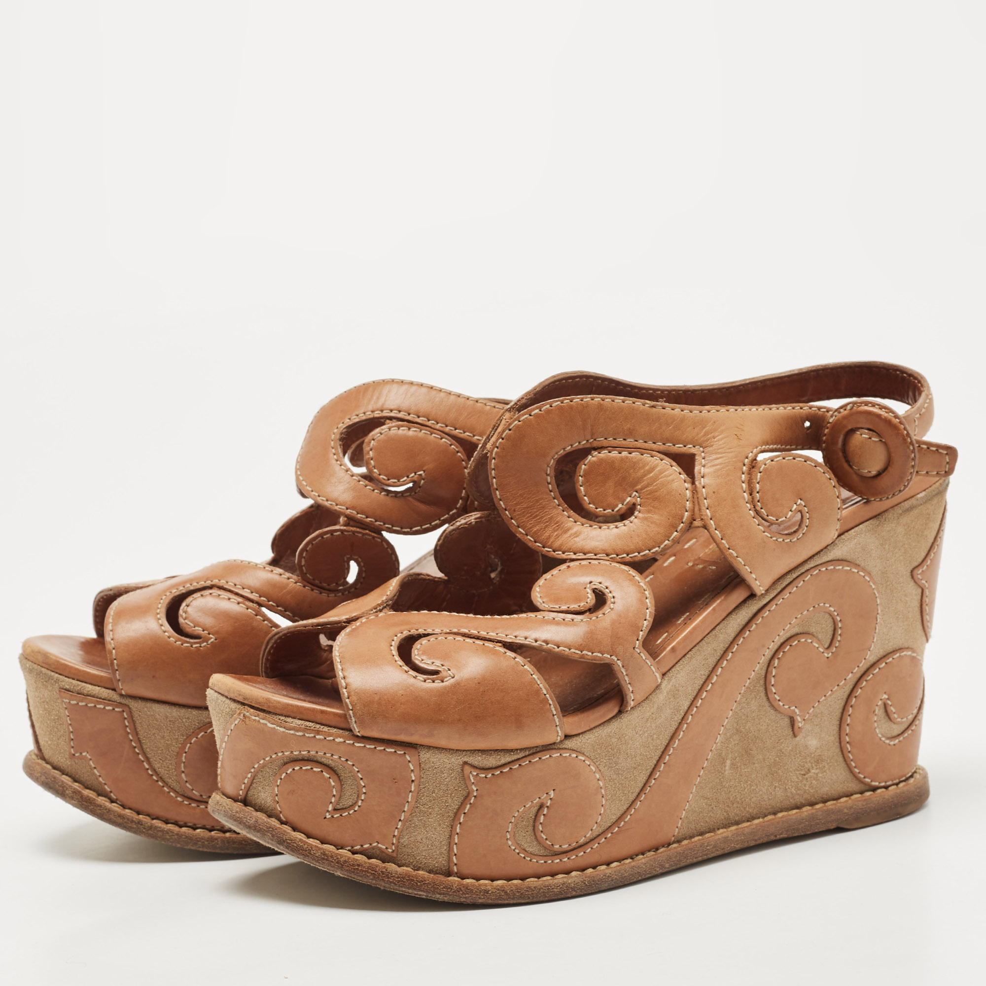 

Prada Brown Leather Cut Out Wedge Sandals Size