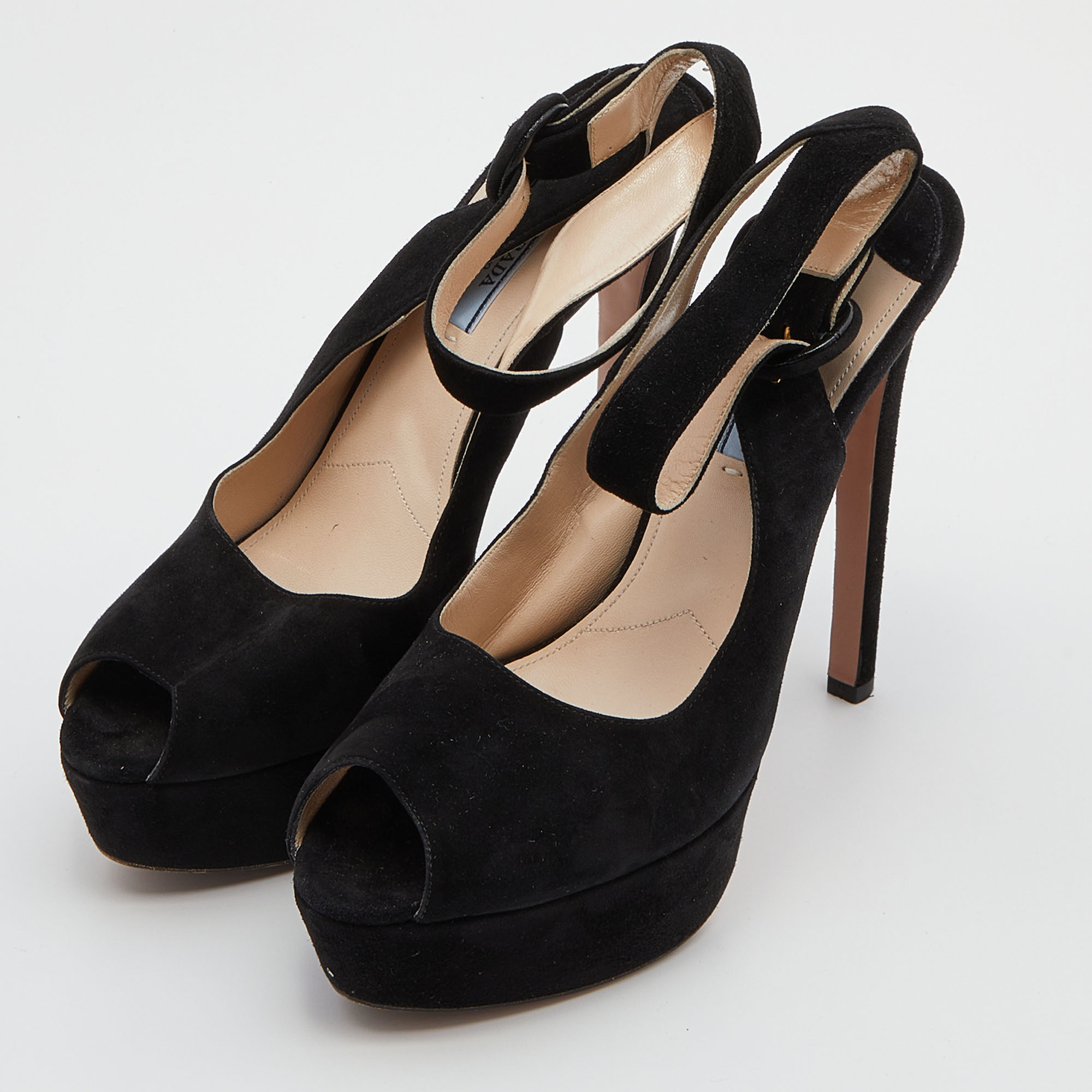 

Prada Black Suede Peep Toe Platform Ankle Strap Sandals Size