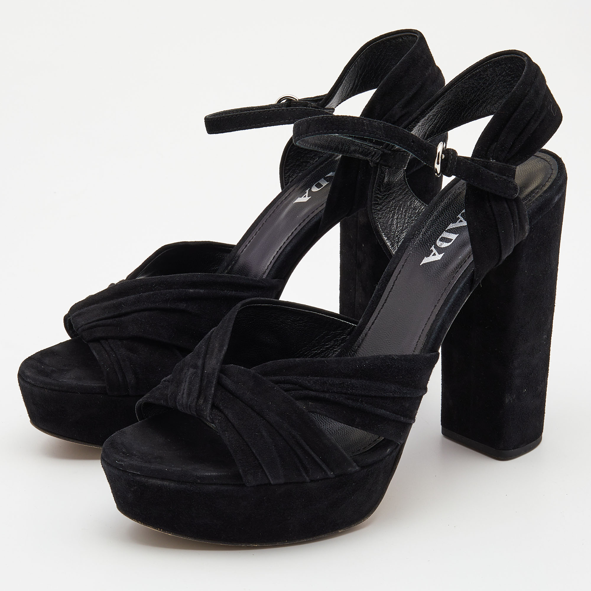 

Prada Black Suede Platform Block Heel Ankle Strap Sandals Size