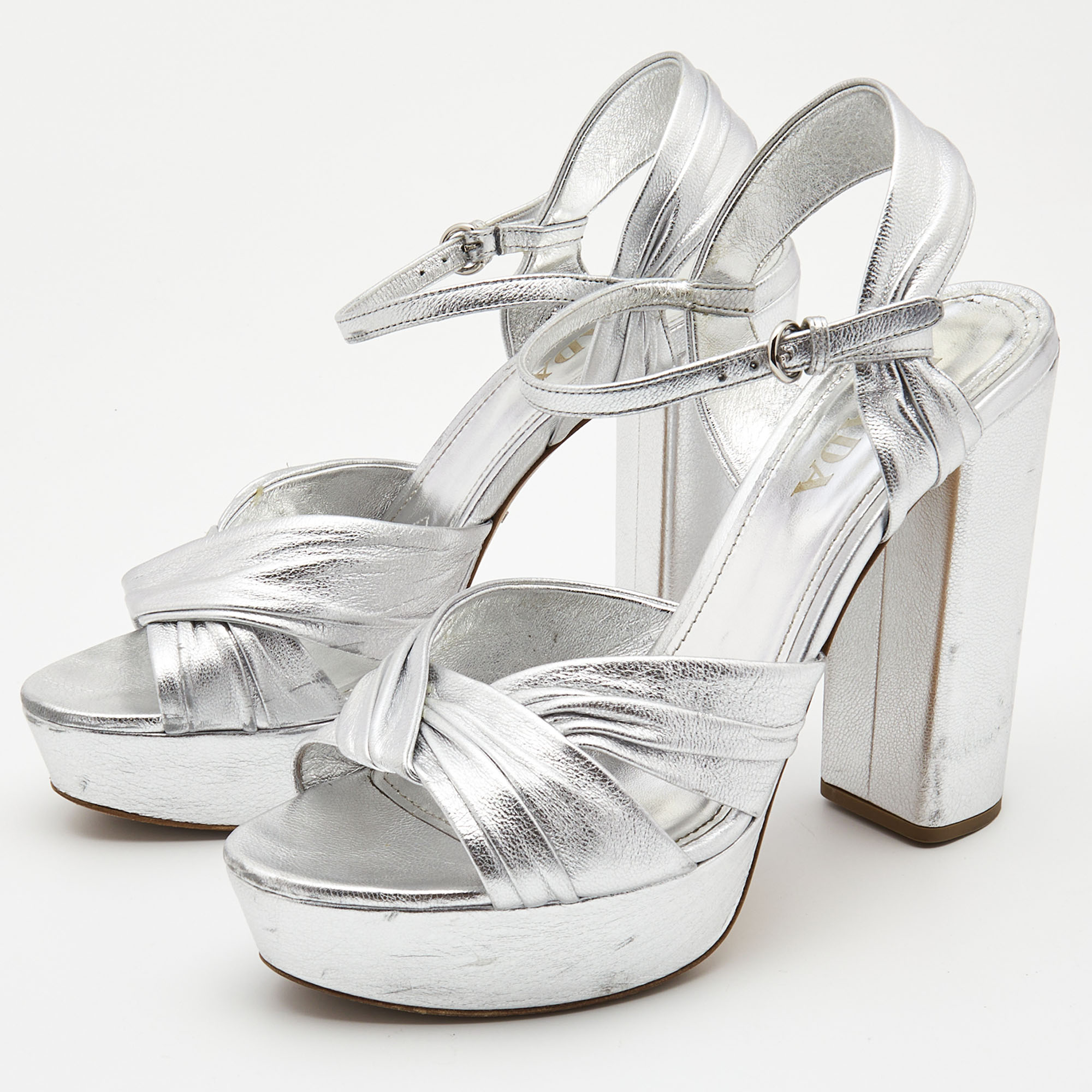 

Prada Silver Foil Leather Platform Block Heel Ankle Strap Sandals Size