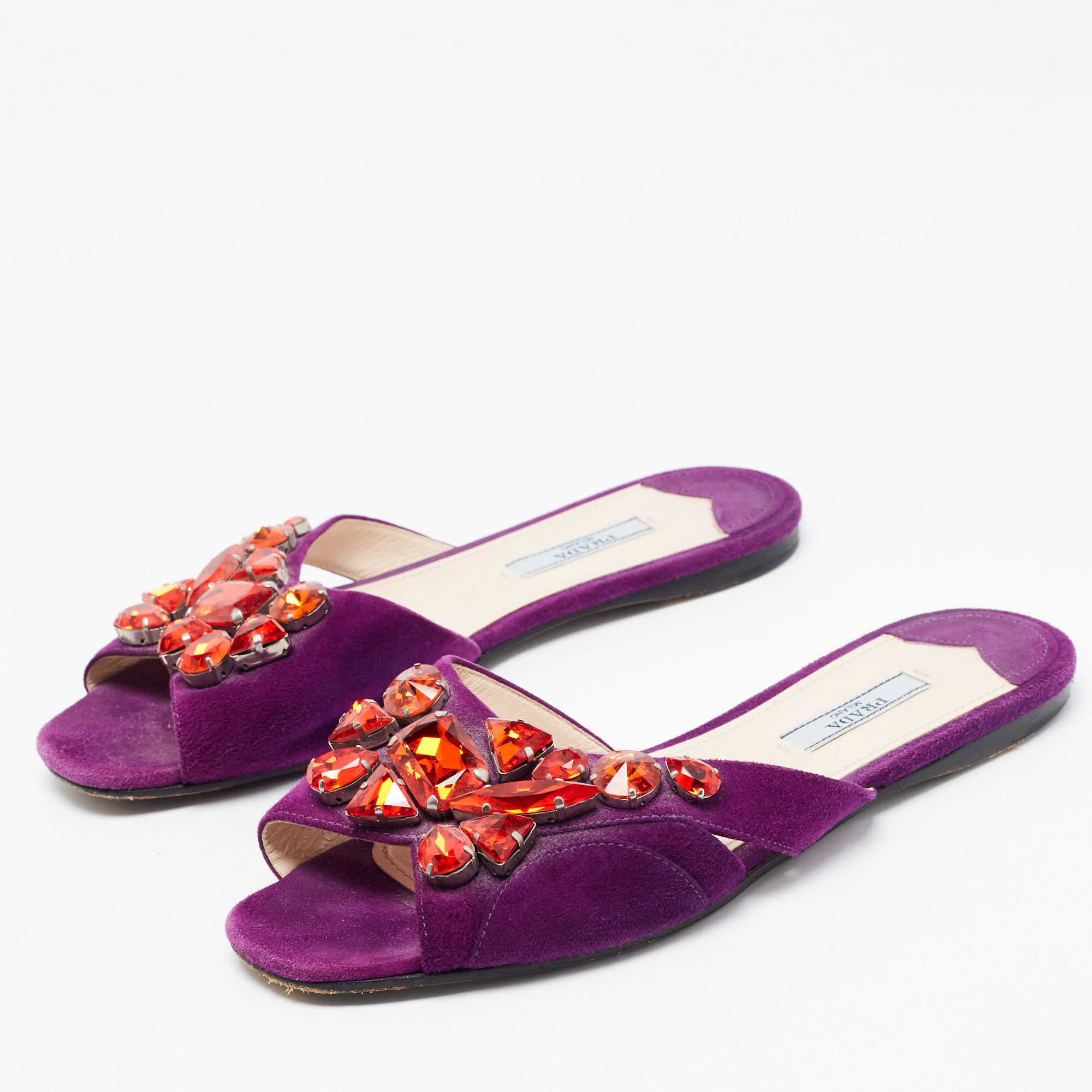 

Prada Purple Crystal Embellished Flat Slides Size