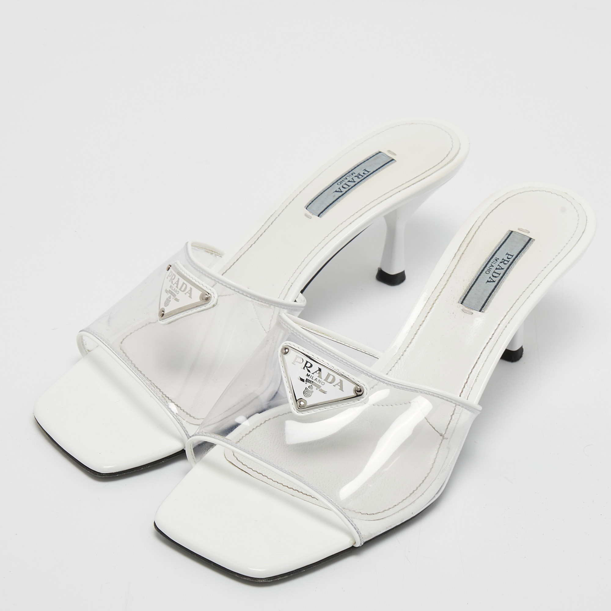 

Prada Transparent/White PVC and Patent Leather Trim Triangle Logo Slide Sandals Size