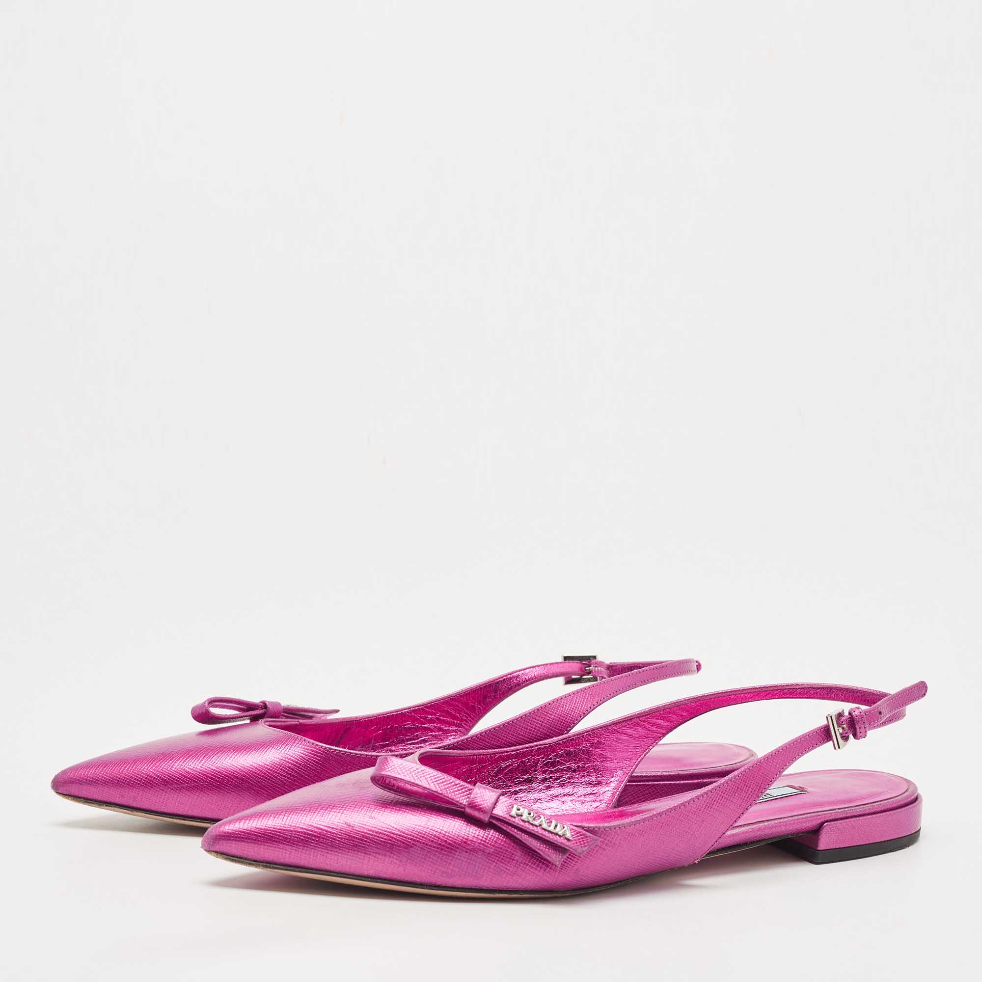 

Prada Metallic Pink Leather Bow Pointed Toe Slingback Flats Size