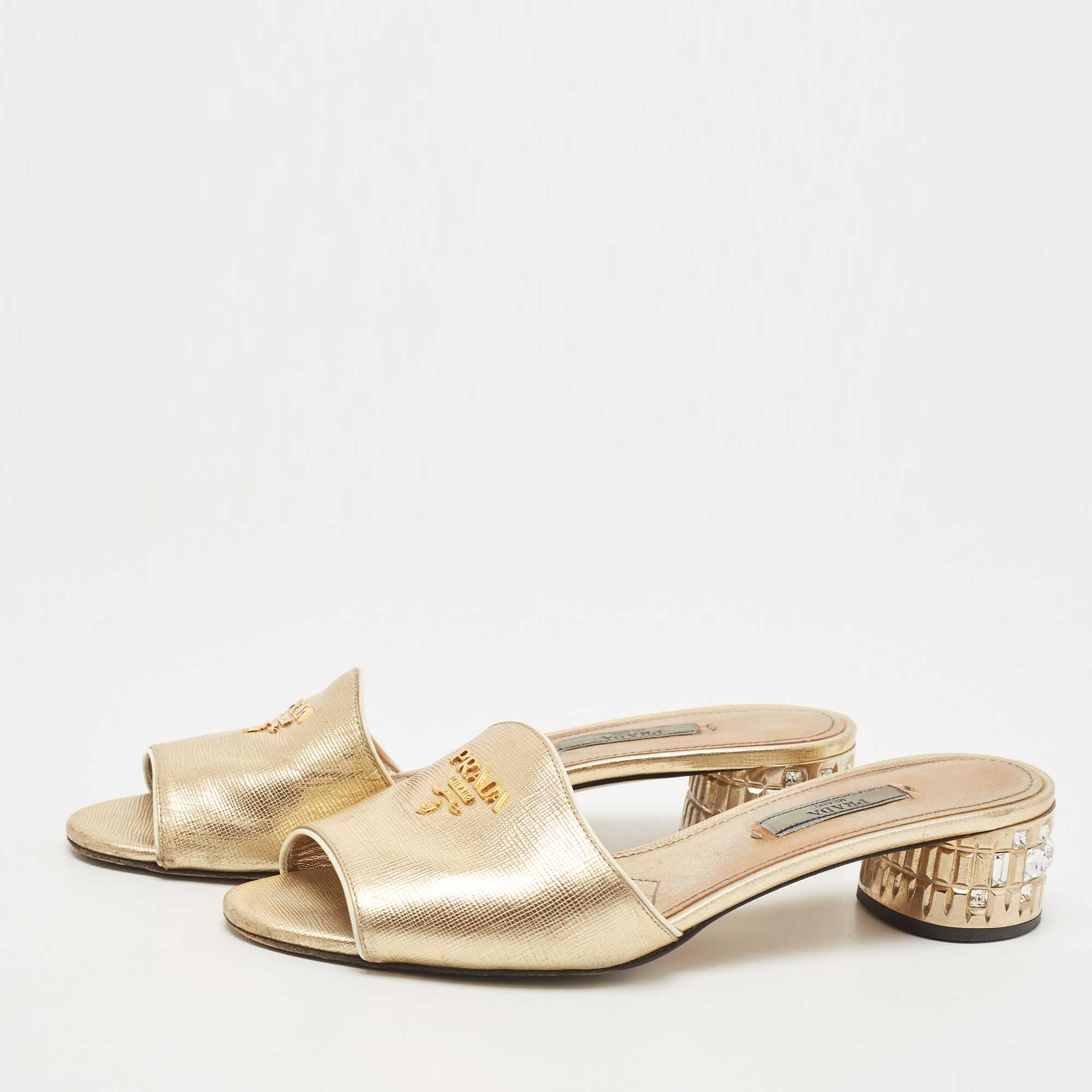 

Prada Gold Leather Crystal Embellished Heel Slide Sandals Size