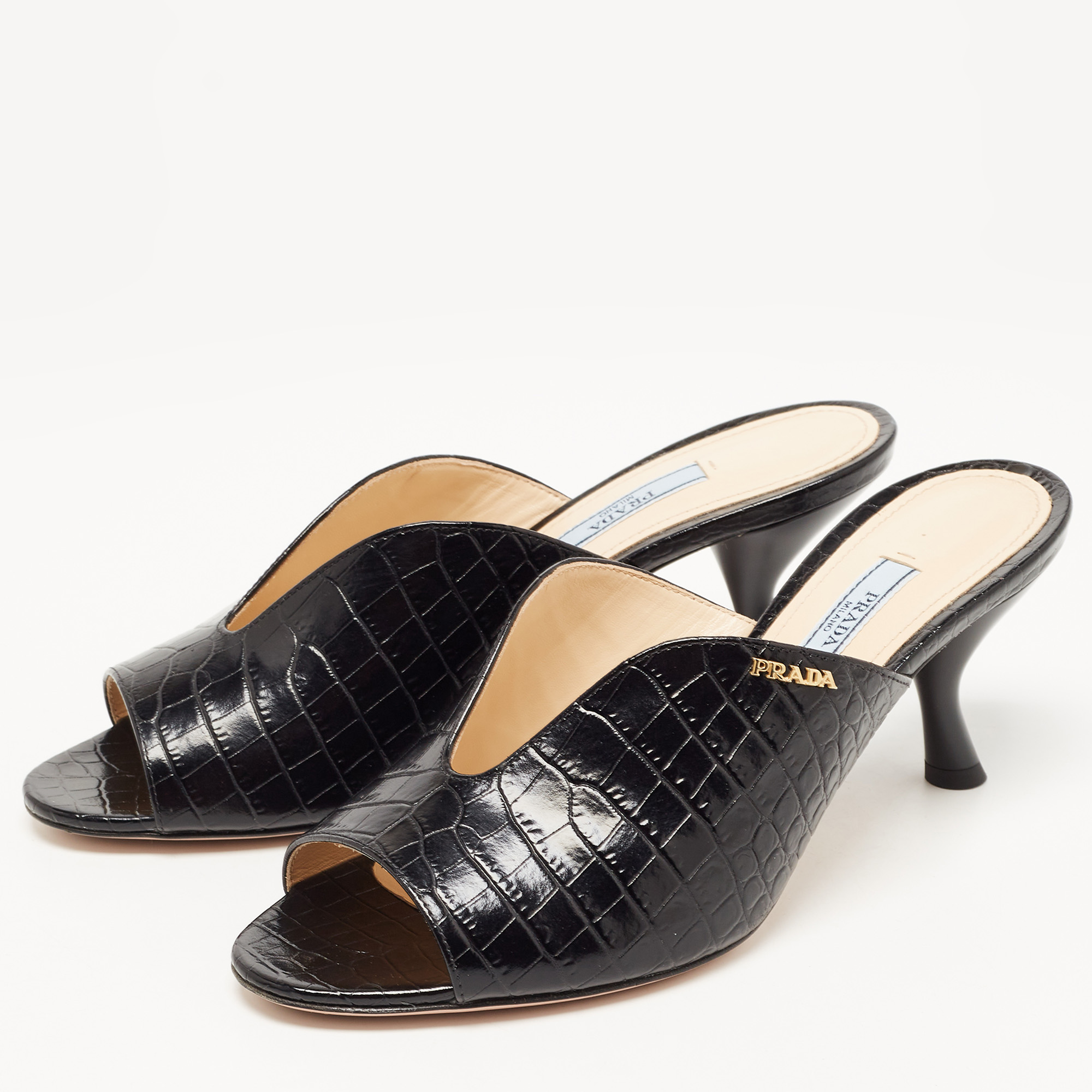 

Prada Black Croc Embossed Leather Mules Size