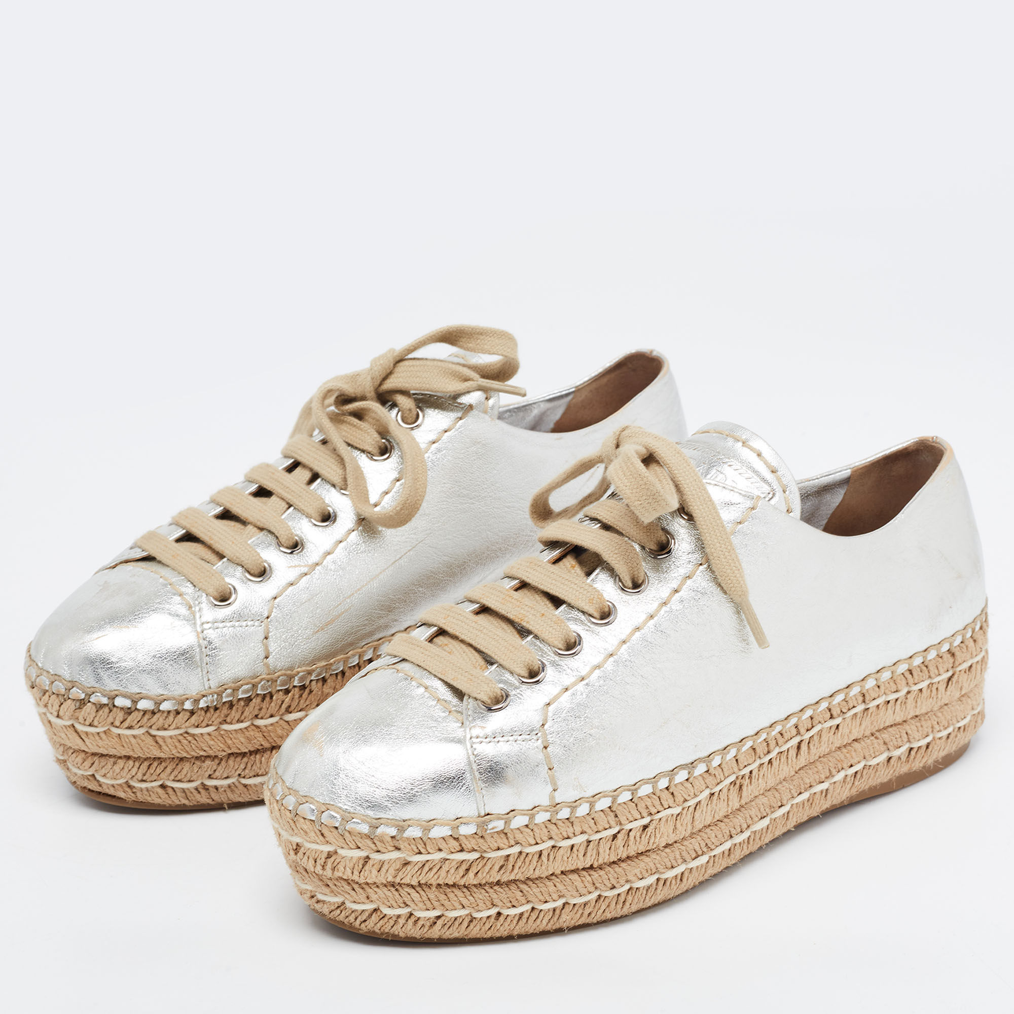 

Prada Silver Leather Wedge Espadrille Sneakers Size