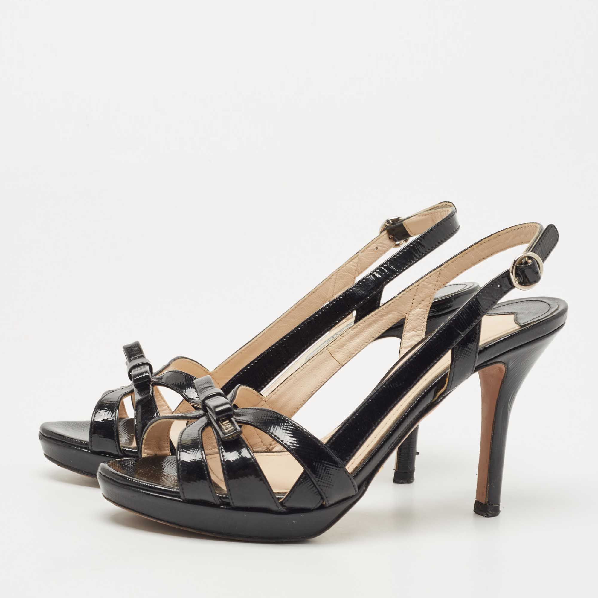 

Prada Black Saffiano Vernice Leather Bow Platform Slingback Sandals Size