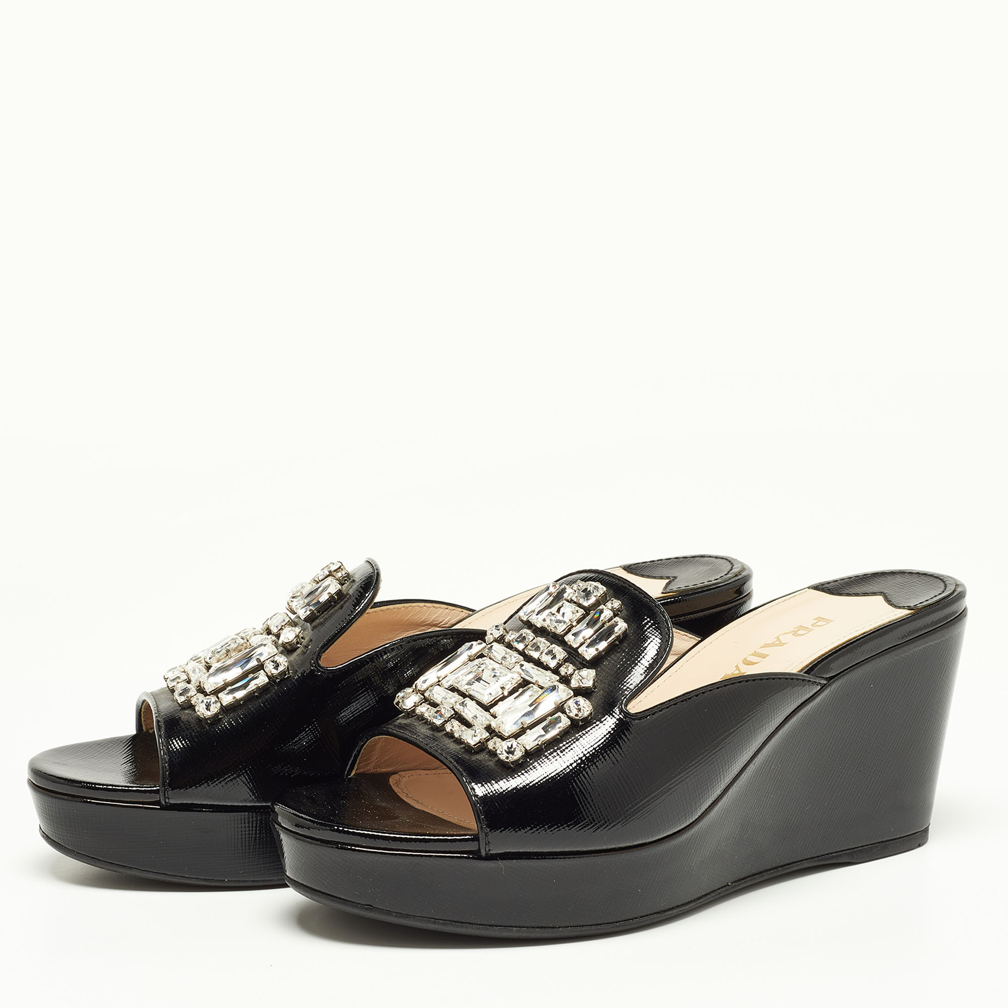 

Prada Black Saffiano Patent Leather Crystal Embellished Platform Wedge Sandals Size
