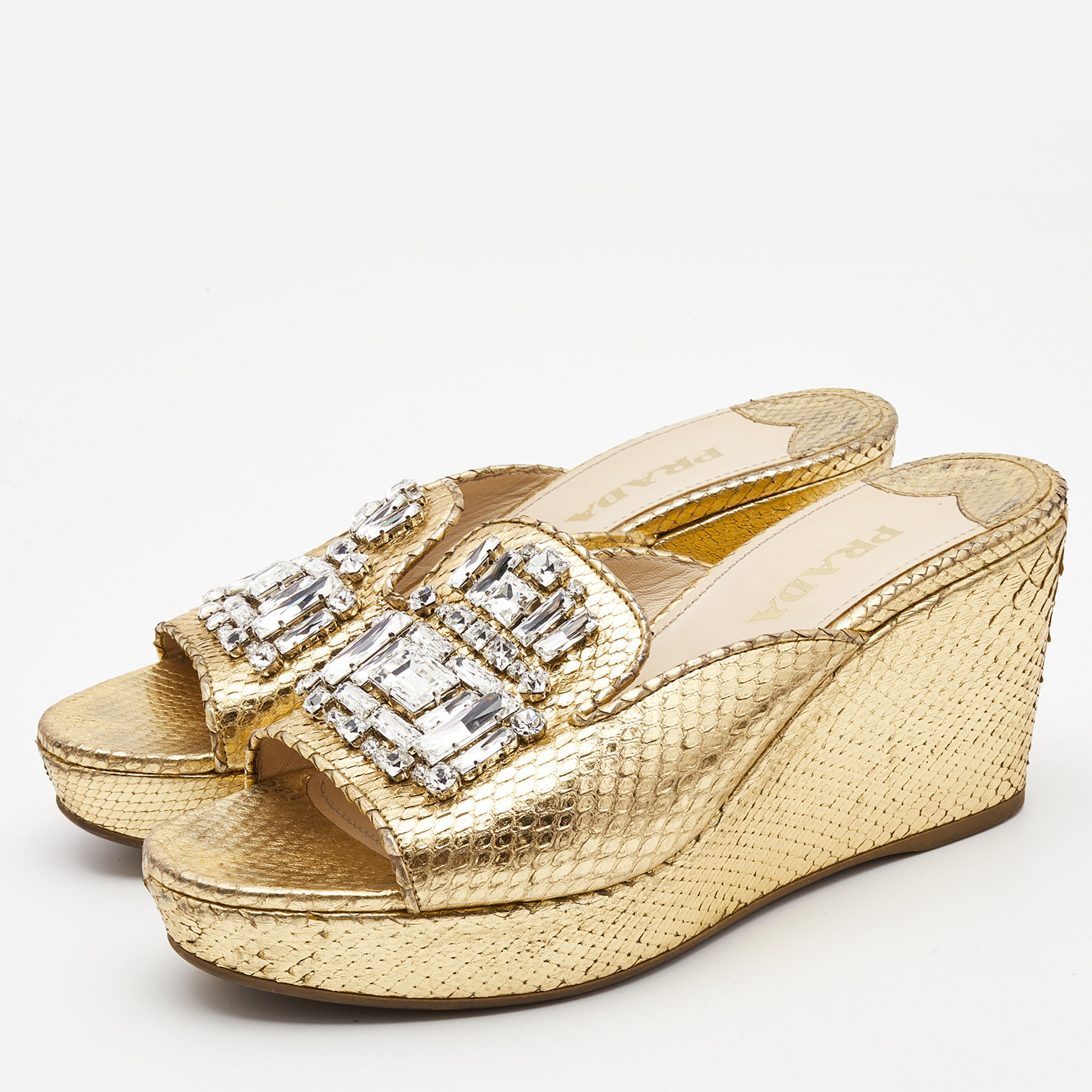 

Prada Gold Embossed Snakeskin Crystal Embellished Wedge Sandals Size