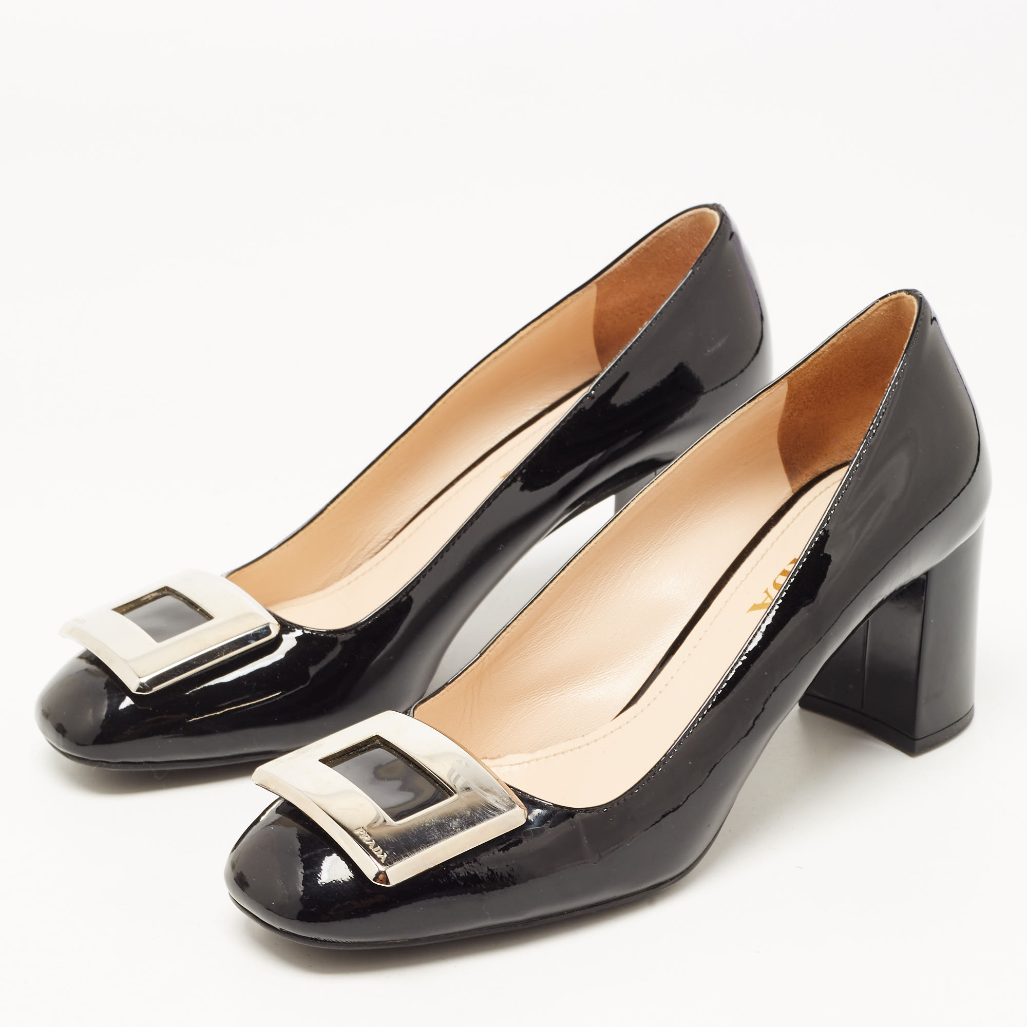 

Prada Black Patent Leather Buckle Square Toe Pumps Size