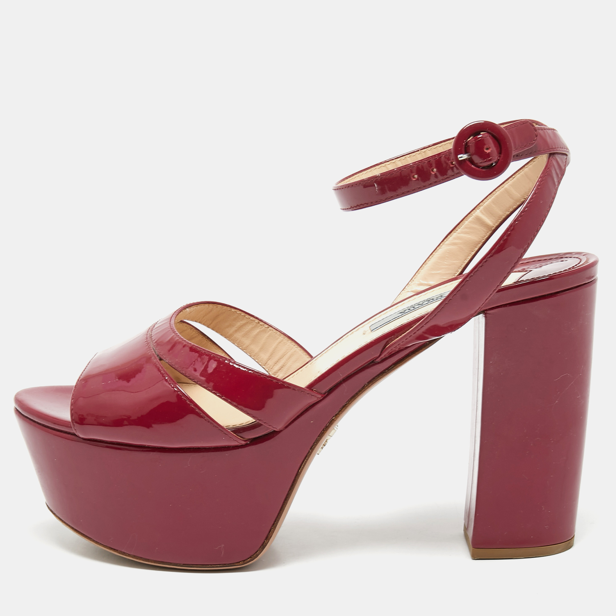 Pre-owned Prada Burgundy Patent Leather Ankle Strap Platform Sandals Size 39.5