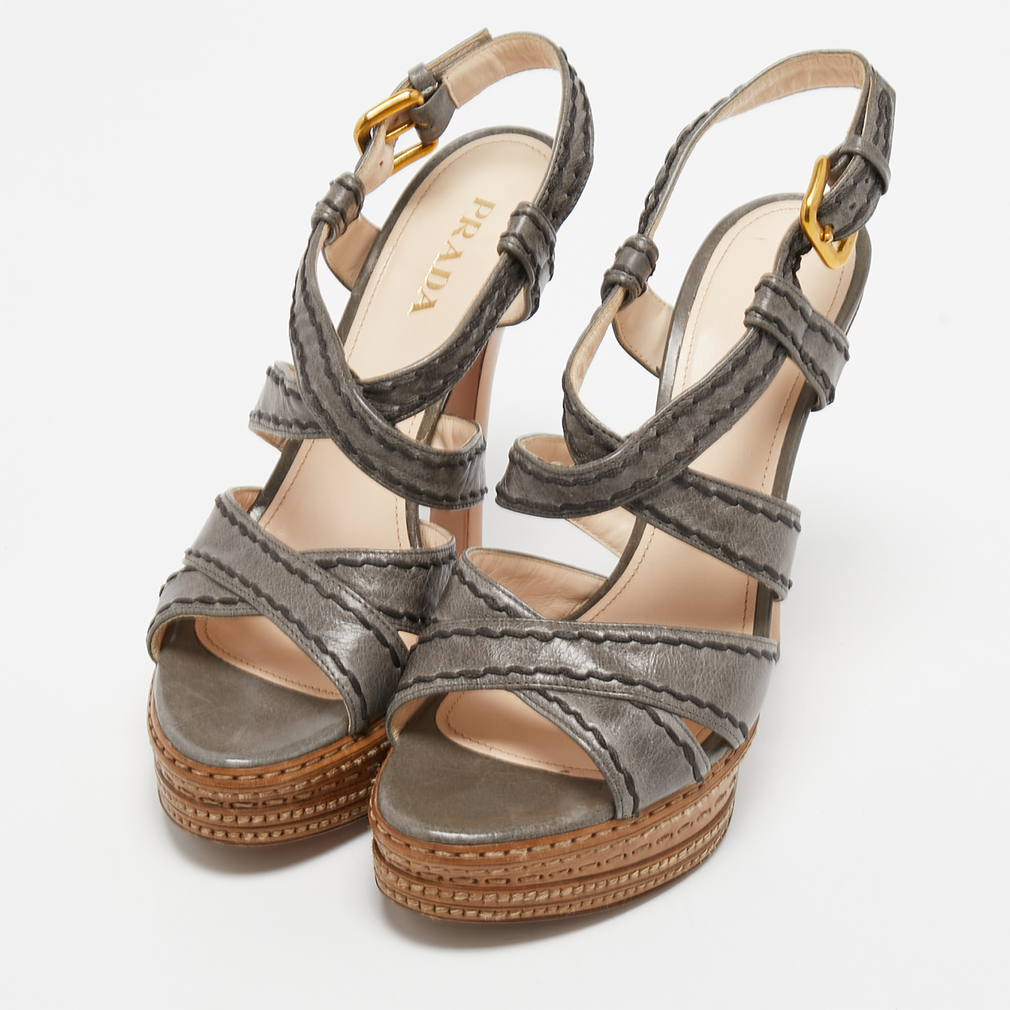 

Prada Grey Leather Platform Ankle Strap Sandals Size