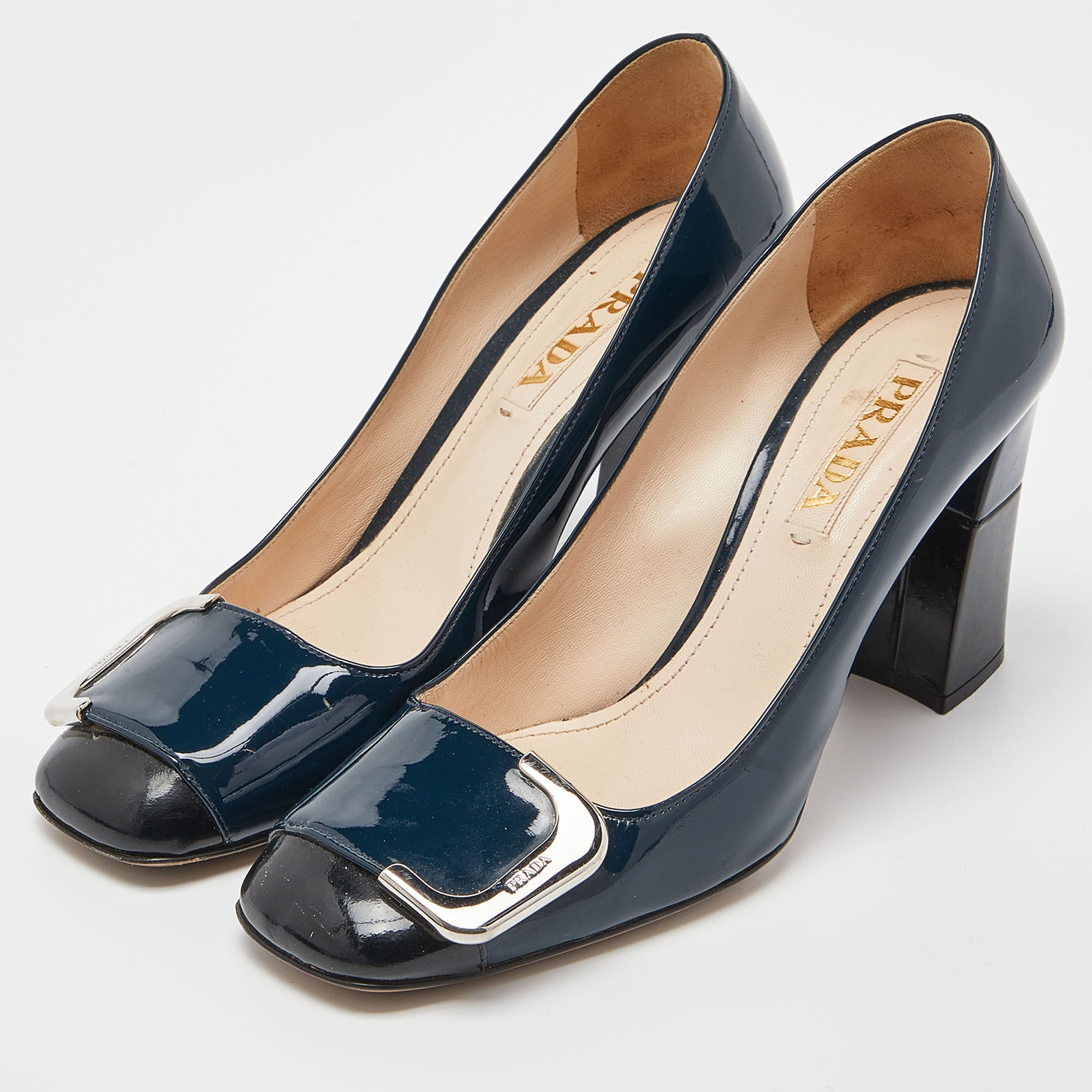 

Prada Blue/Black Patent Leather Buckle Square Toe Pumps Size