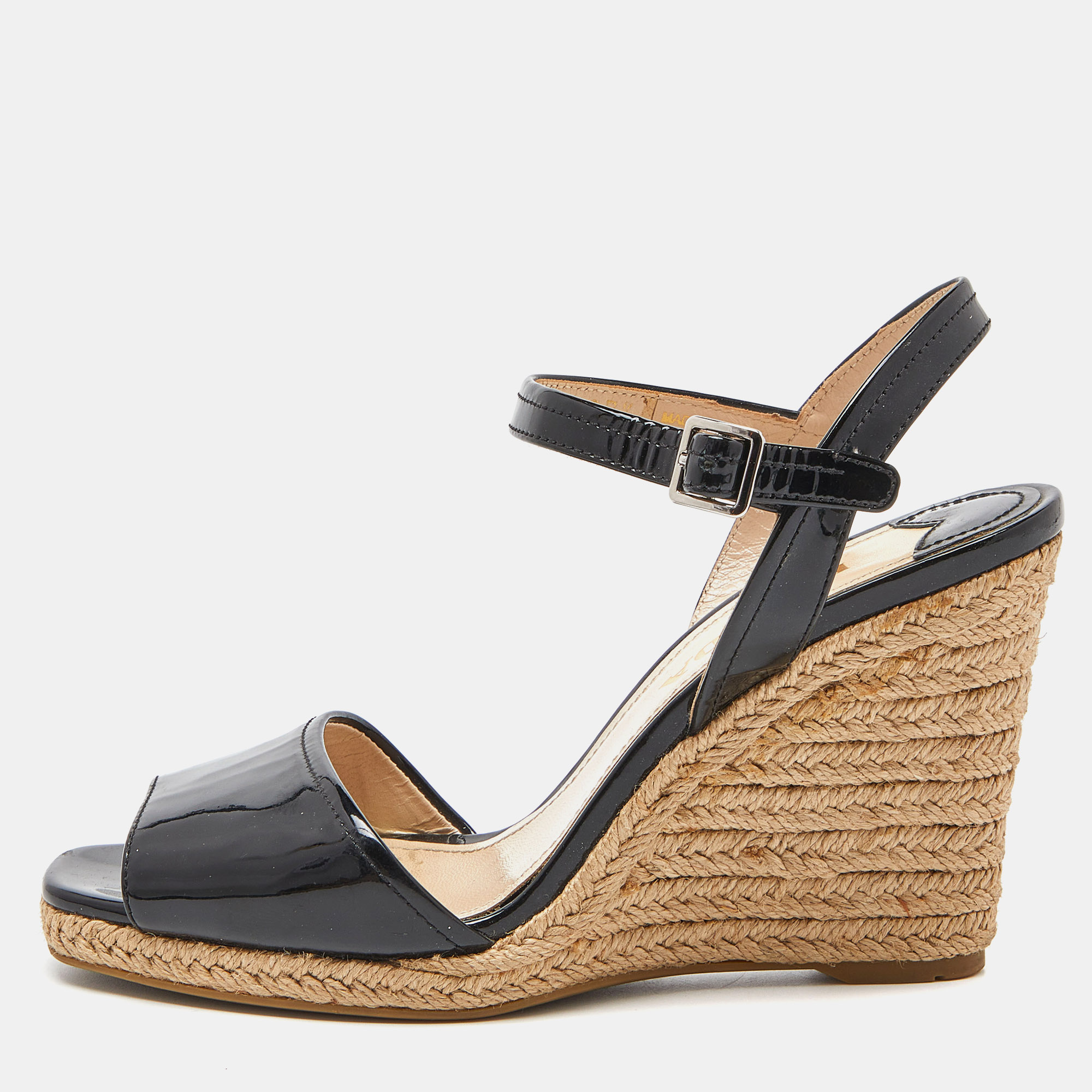 

Prada Black Patent Leather Espadrille Wedge Ankle Strap Sandals Size