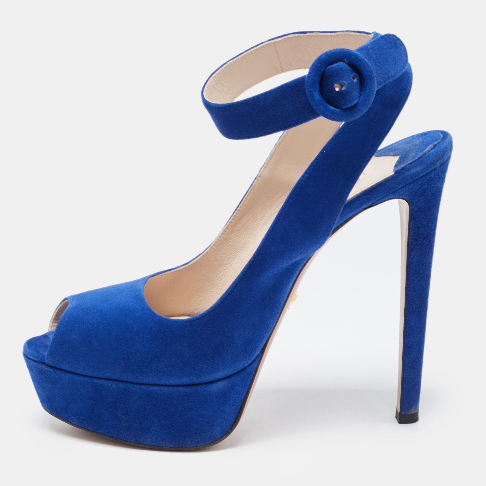 

Prada Blue Suede Peep Toe Platform Ankle Strap Sandals Size