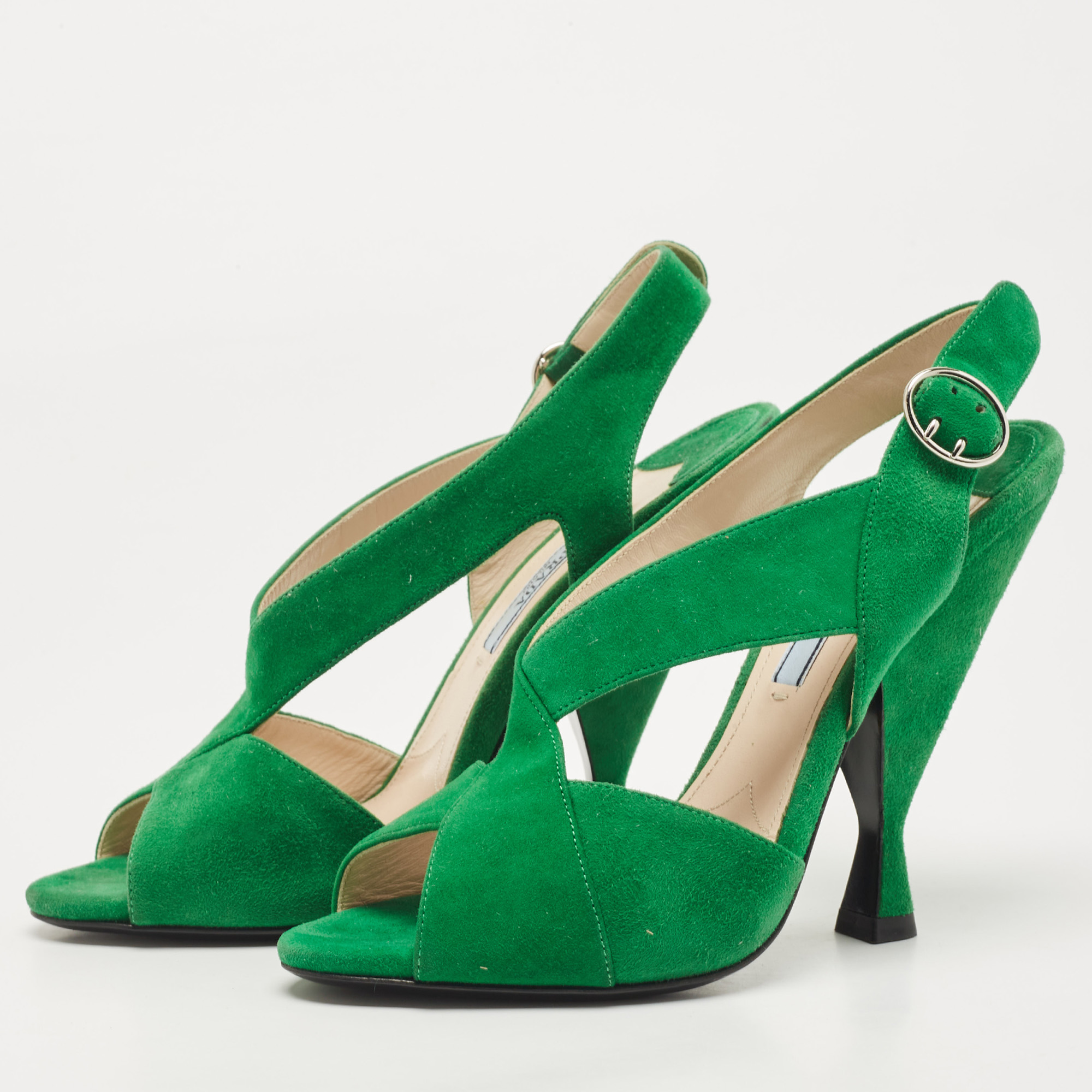 

Prada Green Suede Criss Cross Open Toe Slingback Sandals Size