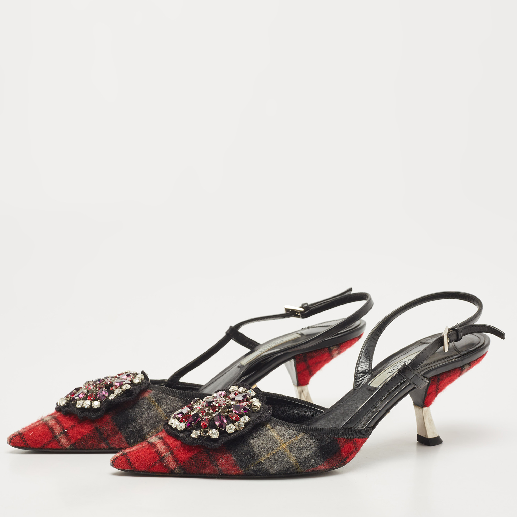 

Prada Multicolor Fabric Embellished Slingback Pumps Size