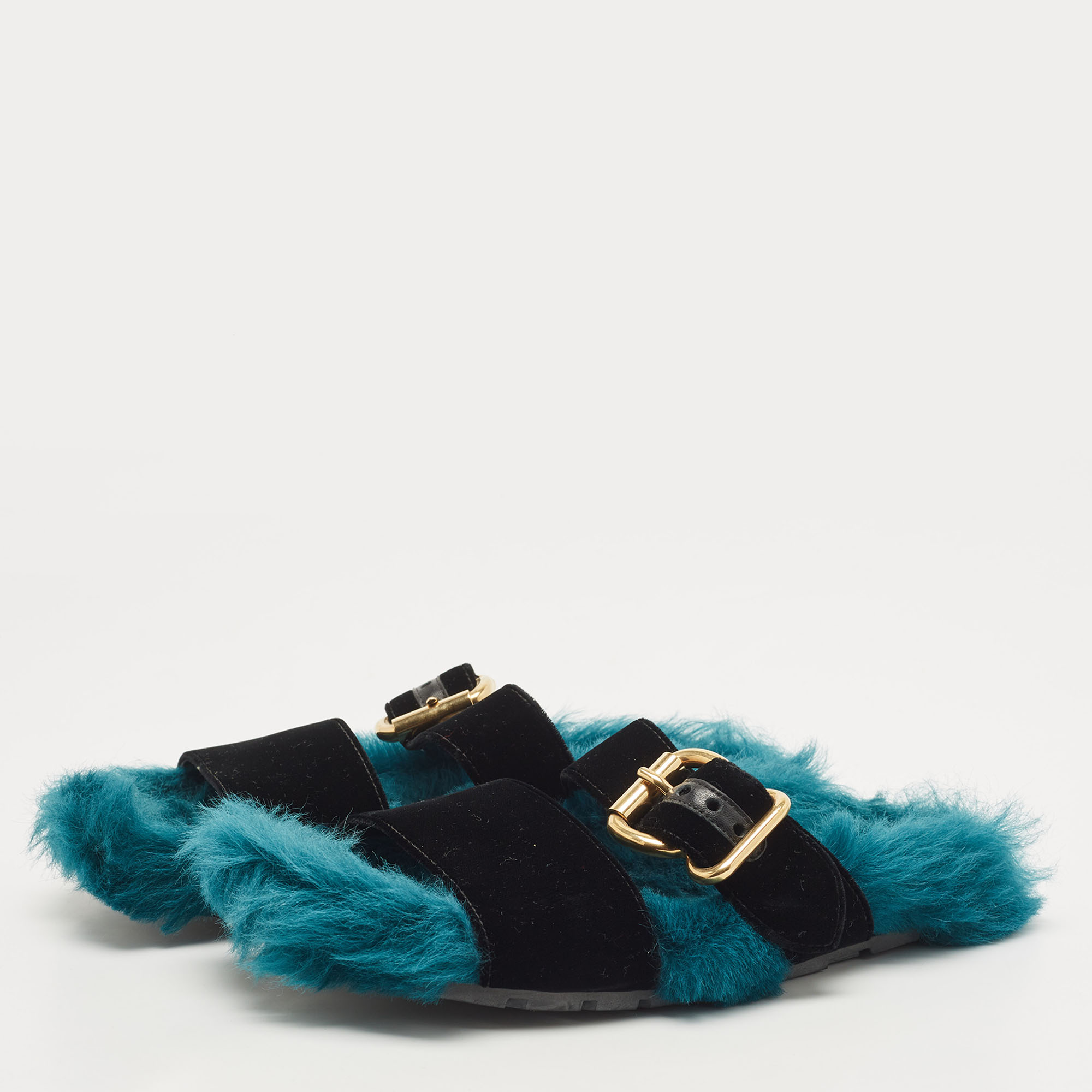 

Prada Two Tone Velvet and Fur Flat Slides Size, Black