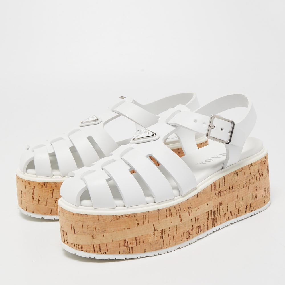 

Prada White Rubber Monolith Cork Platform Ankle Strap Size