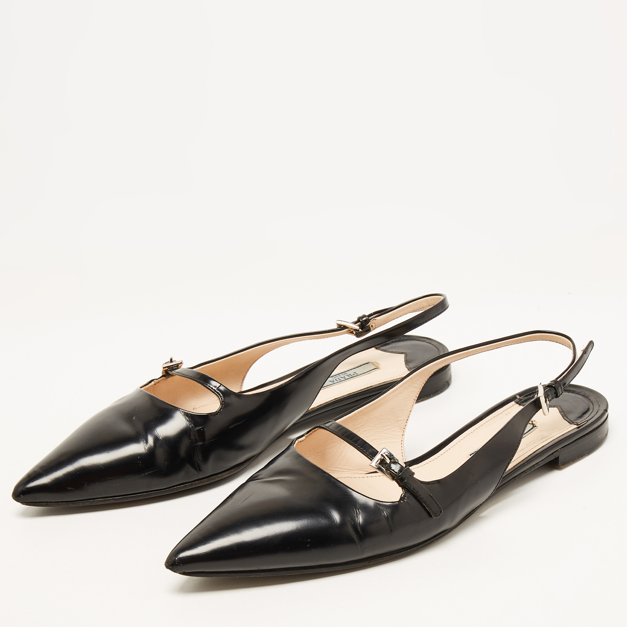 

Prada Black Leather Buckle Slingback Flat Sandals Size