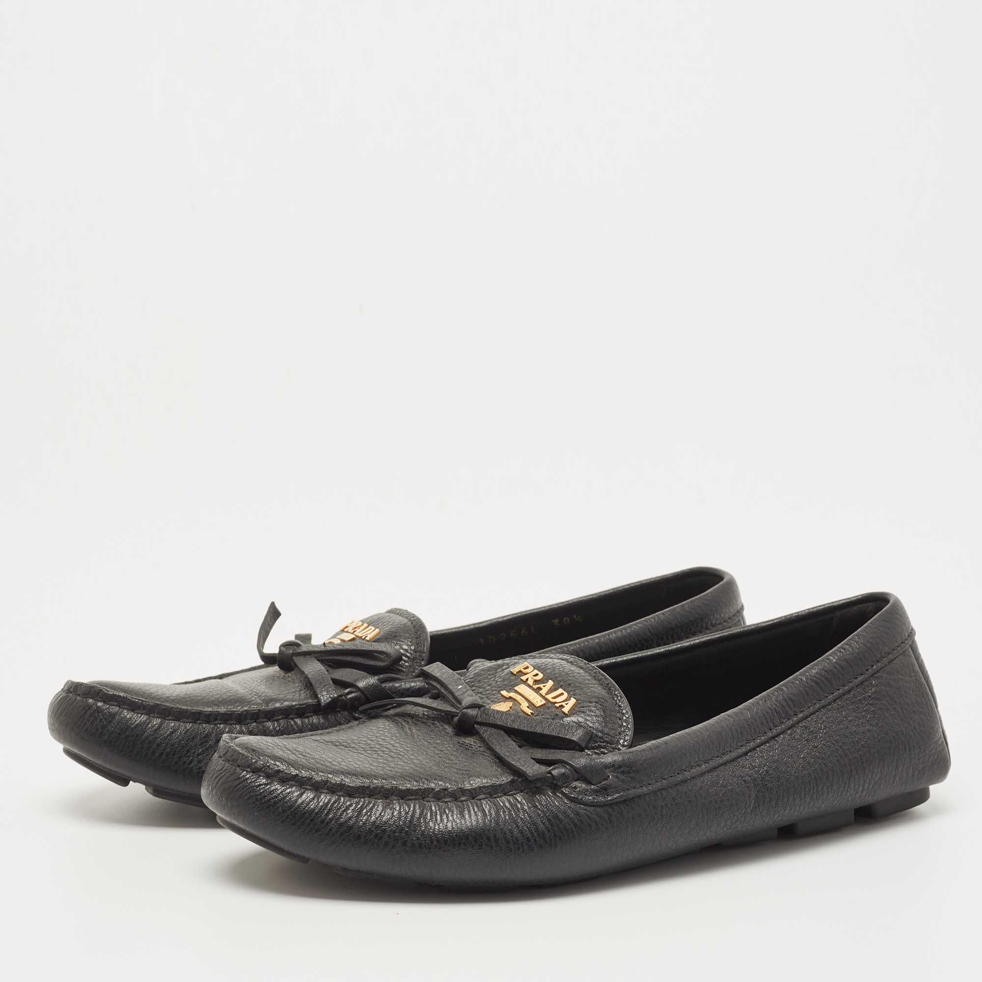 

Prada Black Leather Logo Embellished Bow Slip On Loafers Size