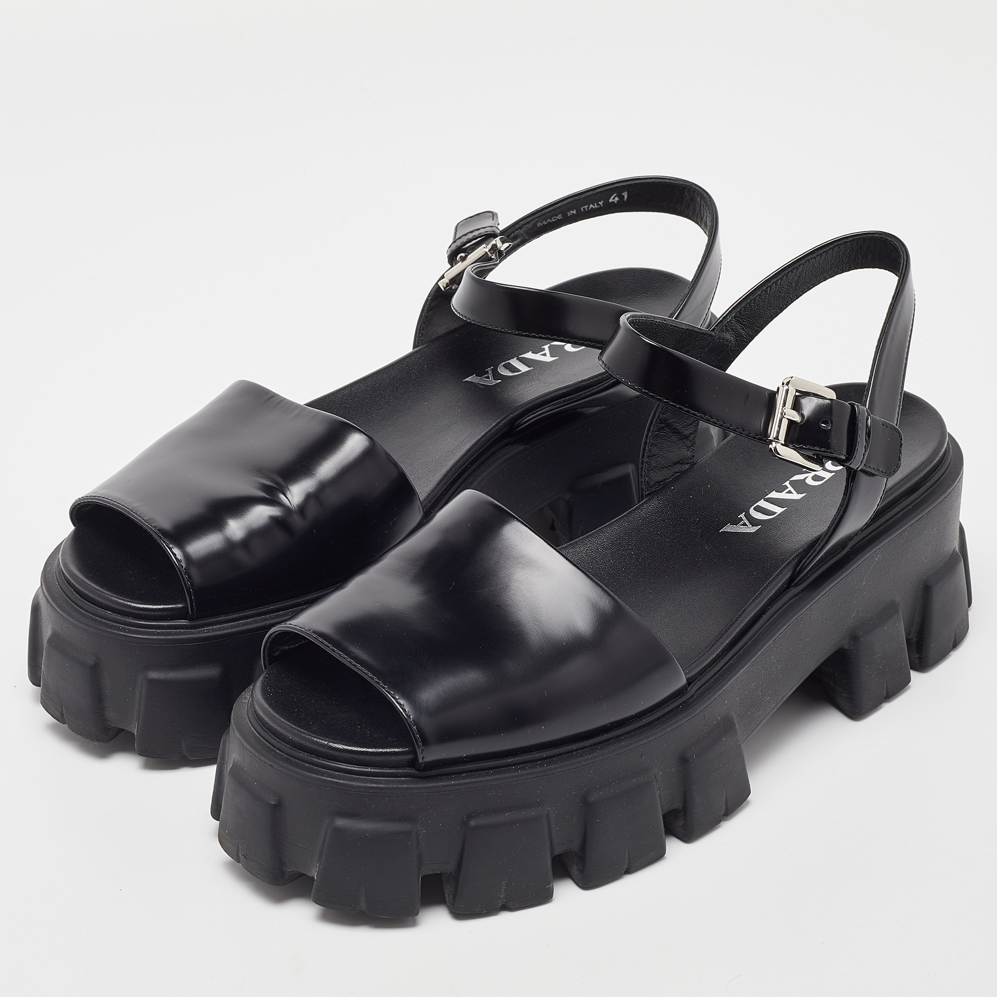

Prada Black Brushed Leather Monolith Platform Sandals Size