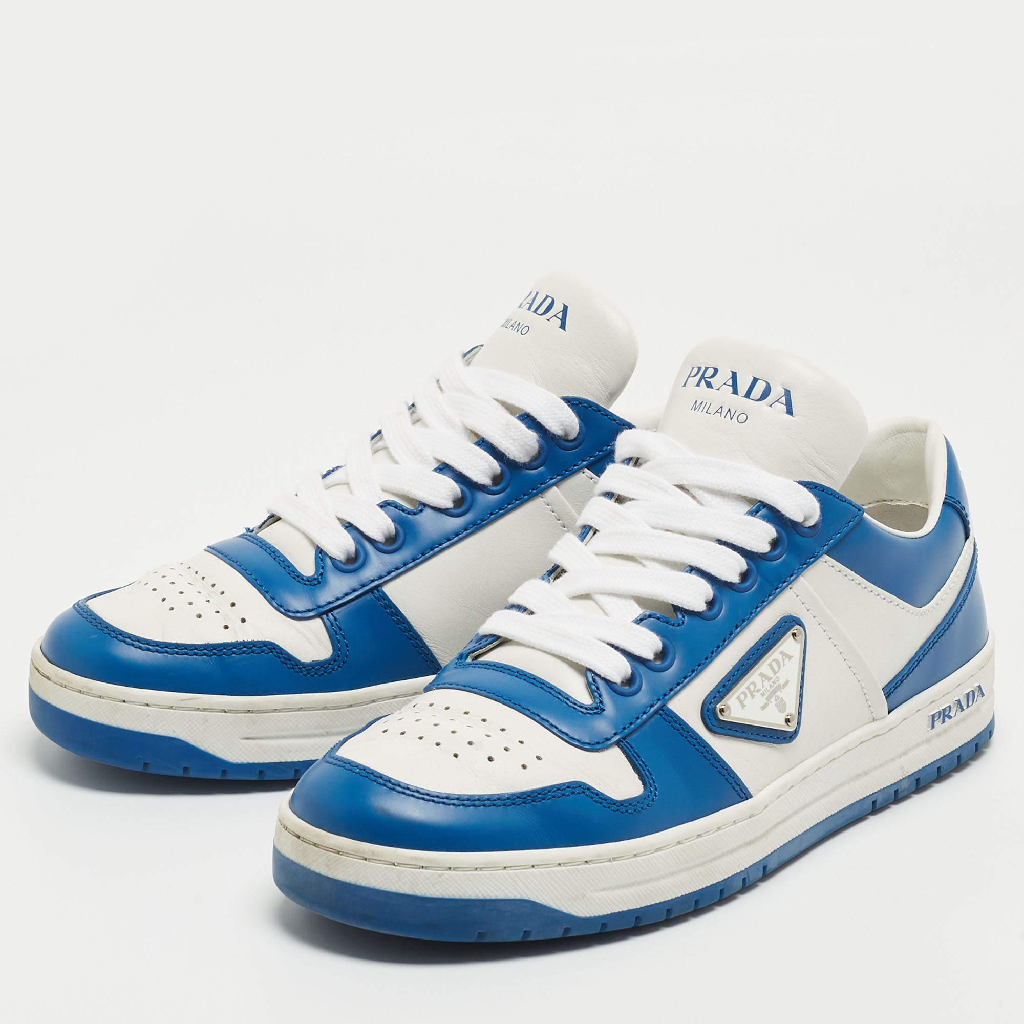 

Prada Blue/White Leather Downtown Low Top Sneakers Size