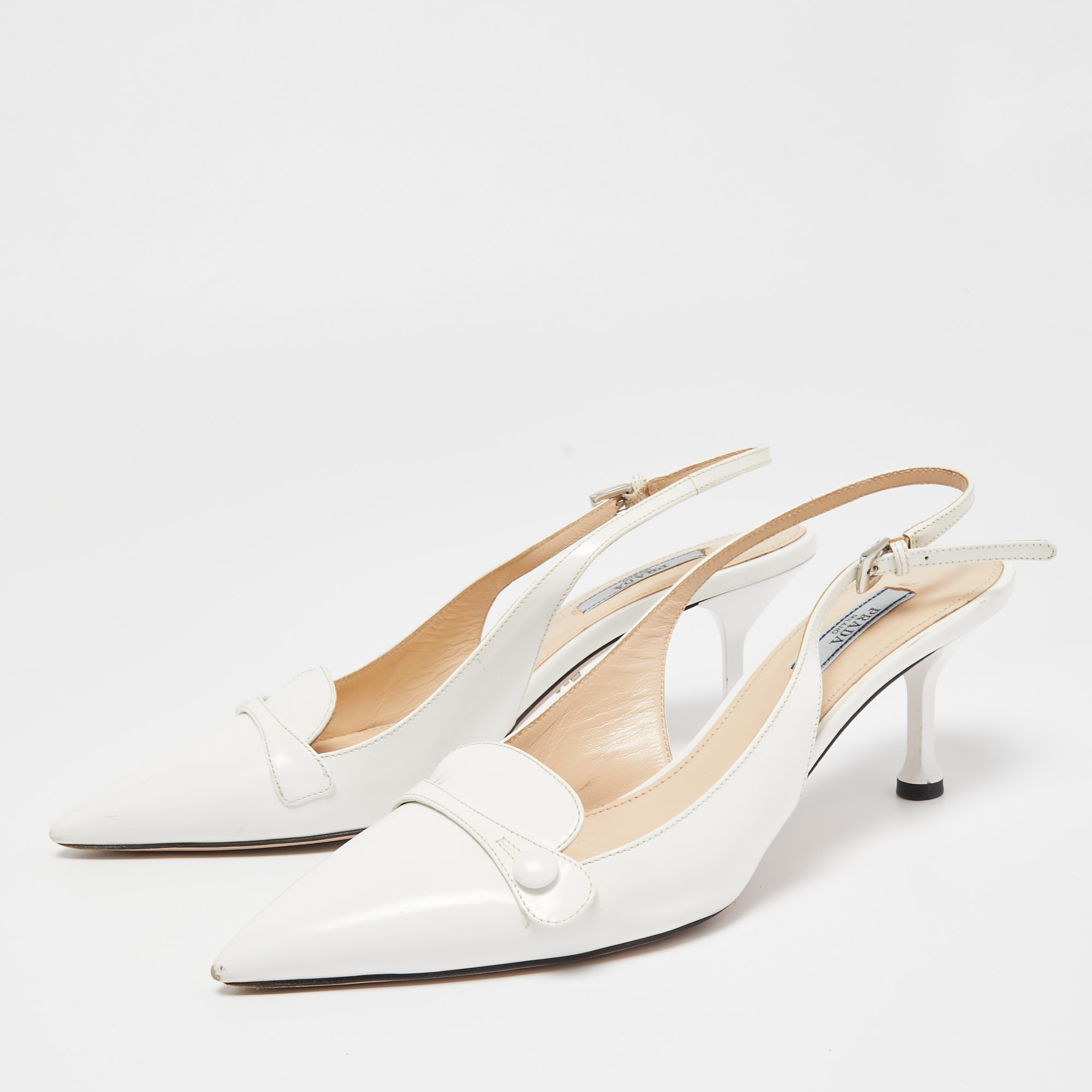 

Prada White Leather Pointed Toe Slingback Pumps Size