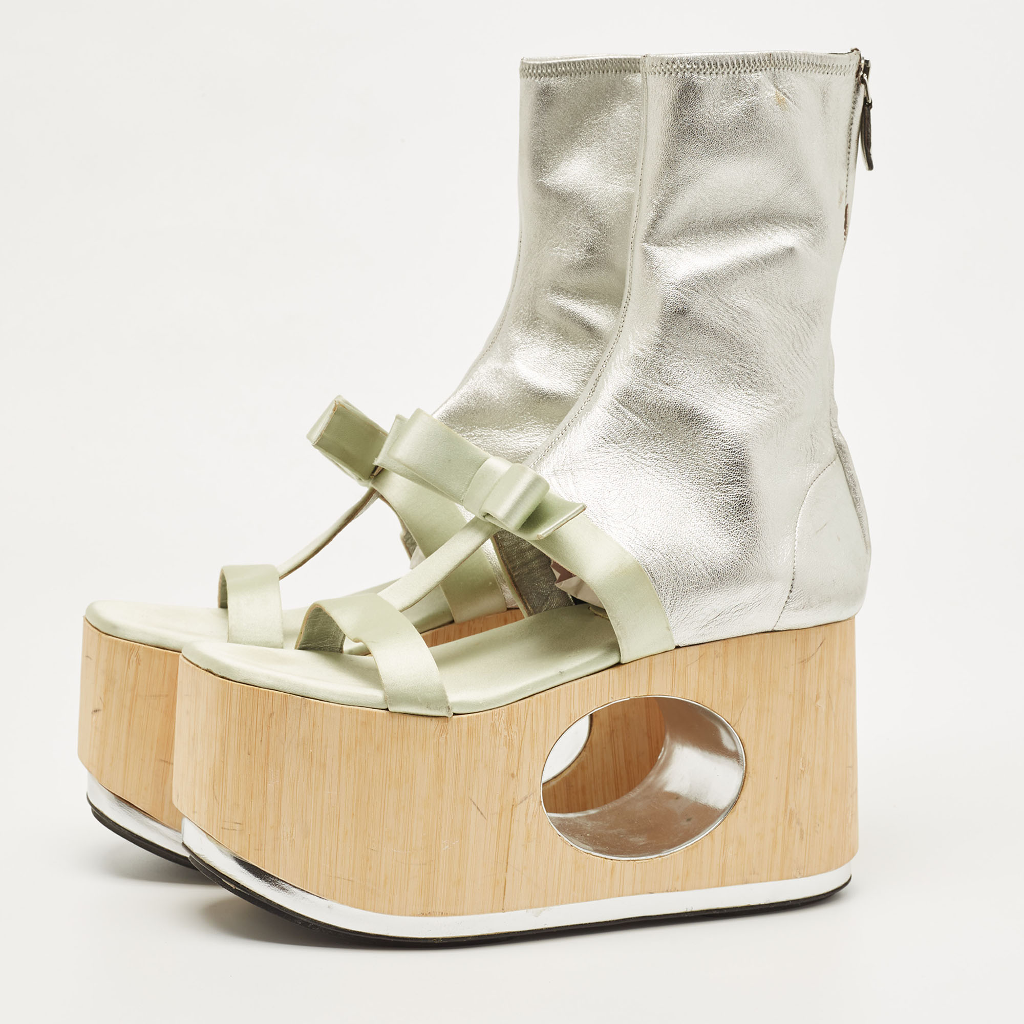 

Prada Silver/Mint Green Leather and Satin Bow Platform Sandals Size