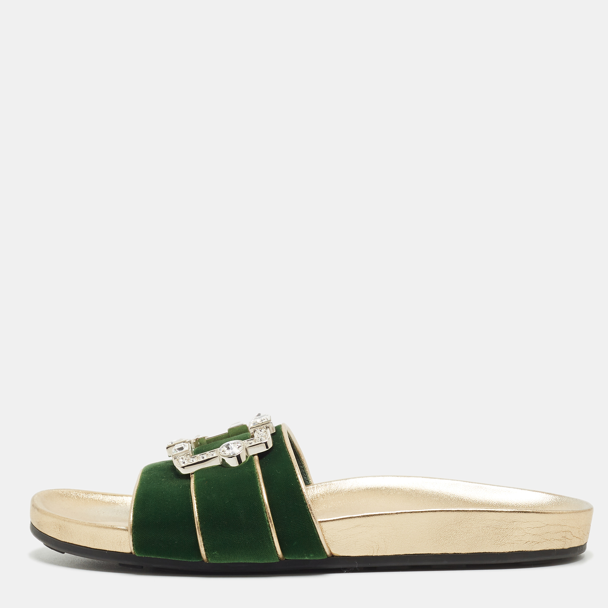 Pre-owned Prada Green/gold Velvet And Leather Buckle Detail Slides Sizes 39.5