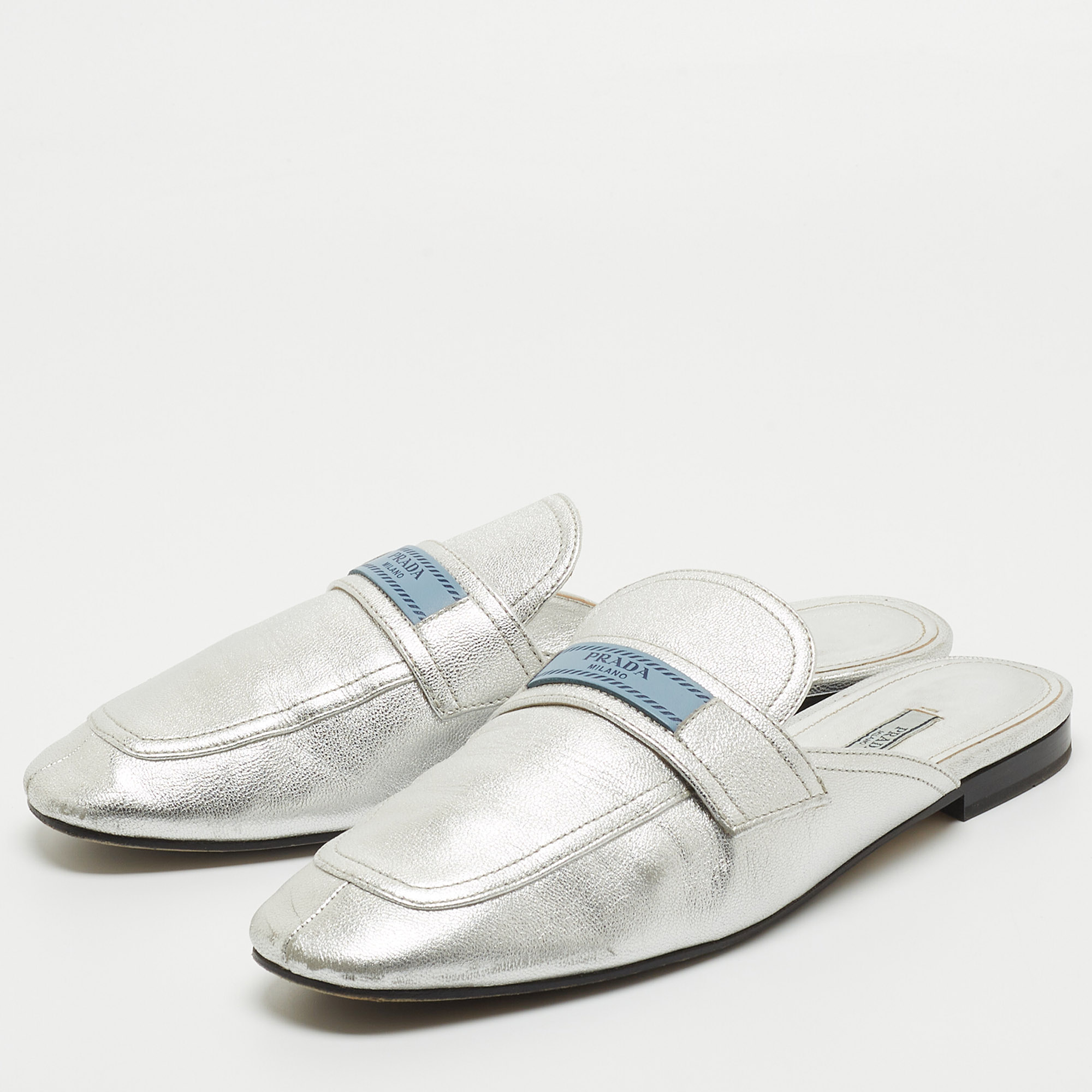 

Prada Silver Leather Flat Mules Size