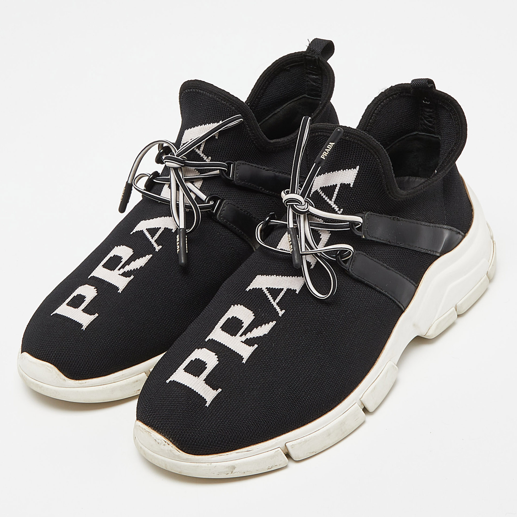 

Prada Black Knit Fabric and Leather Logo Low Top Sneakers Size